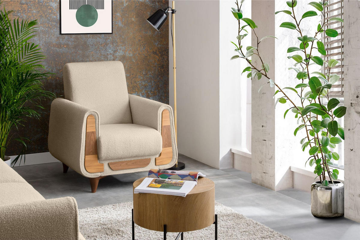 SESSEL GUSTAVO mit Armlehnen, creme - Creme/Braun, Holz/Holzwerkstoff (83/95/92cm) - KONSIMO®