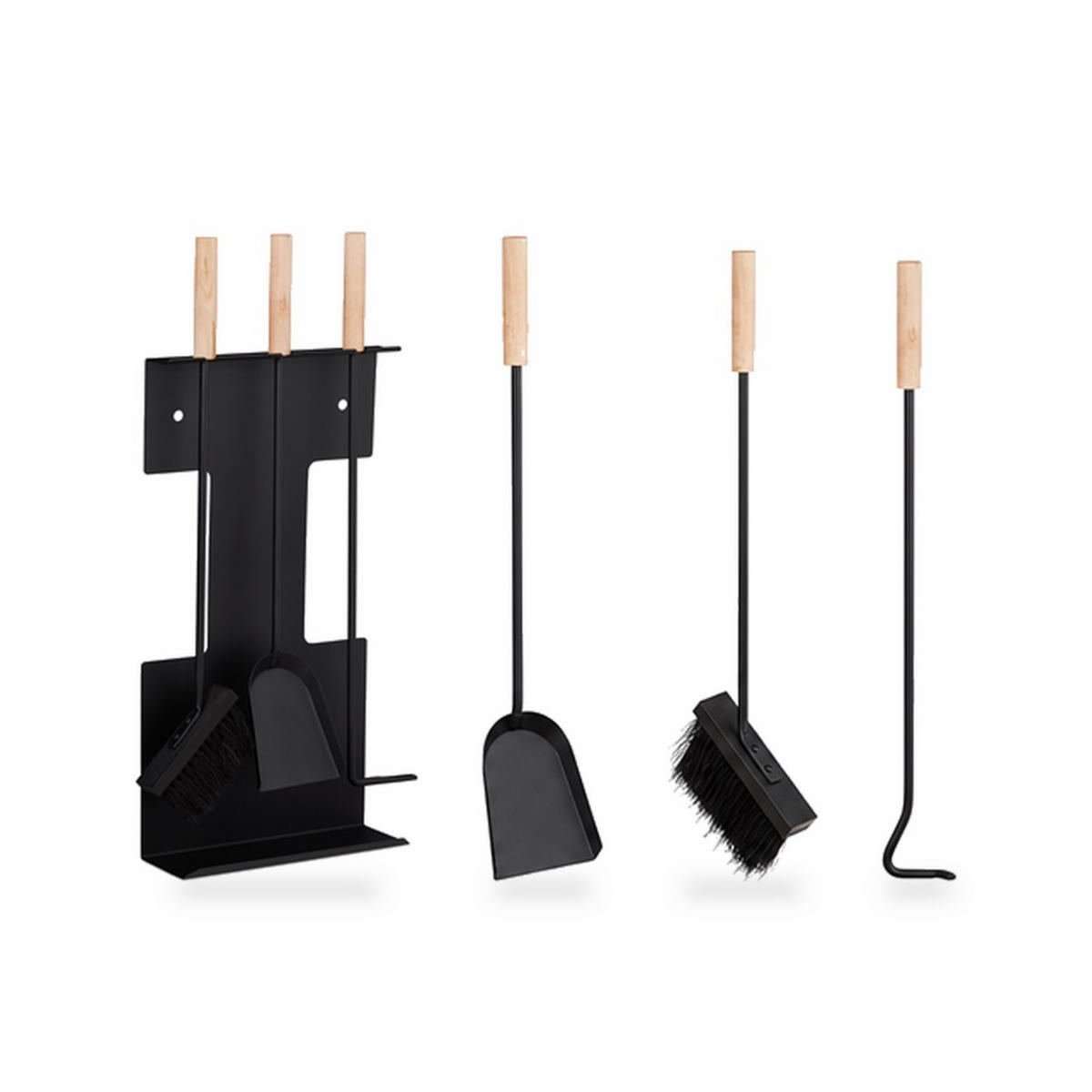 KAMINBESTECK Schwarz Natur 4-teilig Stahl - Schwarz, Holz/Metall (28/66/11cm) - Relaxdays