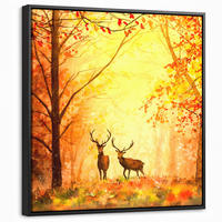 LEINWAND Bilder mit Rahmen - Natur - Ölfarbe - Hirsche - Tiere - Herbst - Orange - 50x50 - Orange, Textil (50/50cm) - MuchoWow