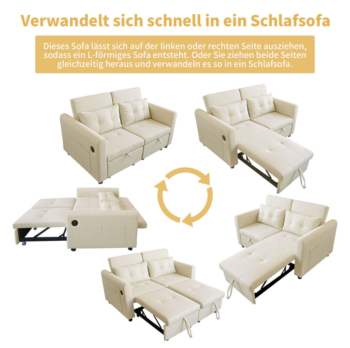 SCHLAFSOFA 3-in-1 Baumwoll-Leinen ausziehbar mit Rückenlehne 120/160/180 Grad Beige 142/85/83 cm - Beige, Textil (85/83/142cm) - Redom