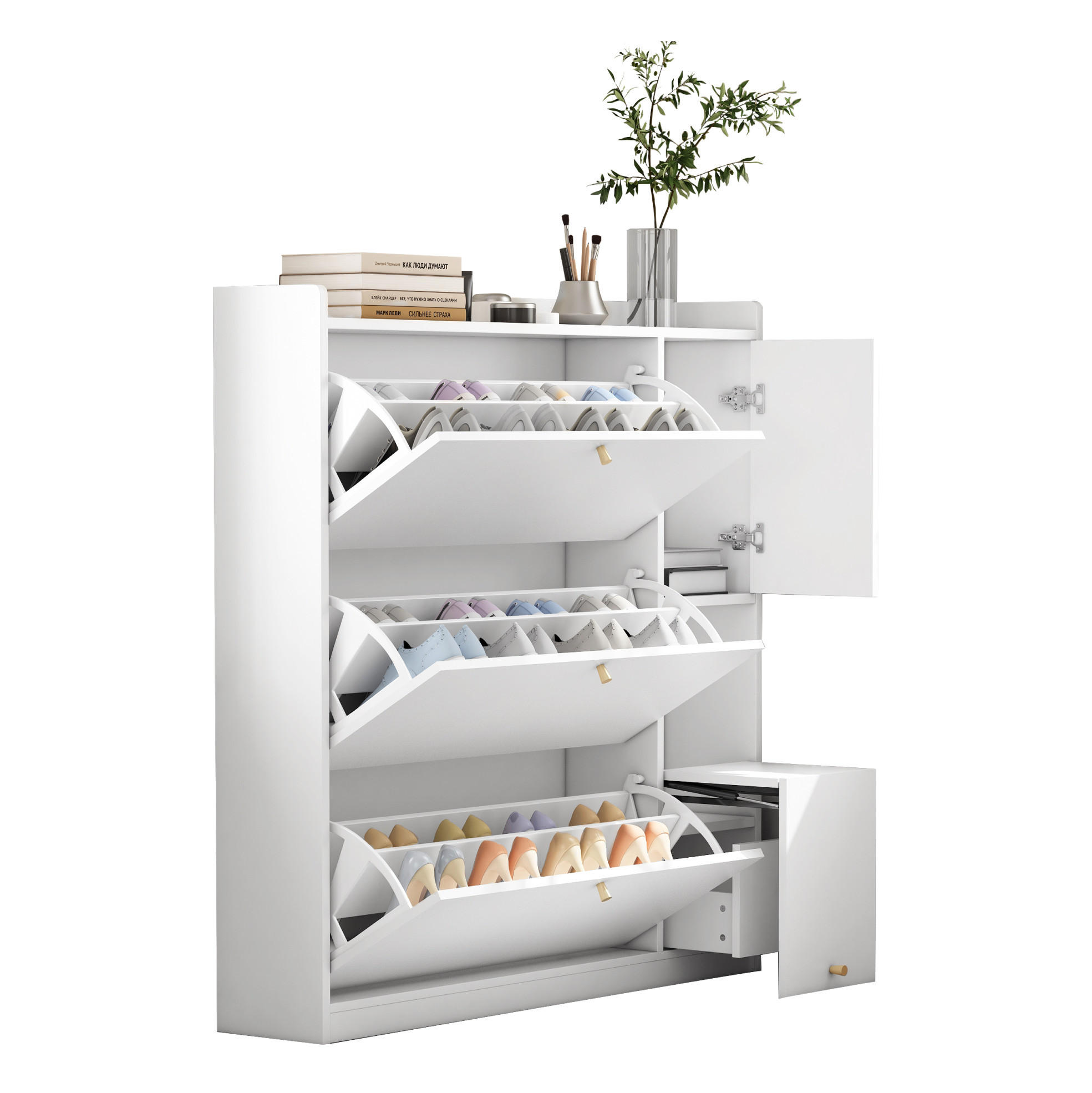 SCHUHSCHRANK 119/24/122 cm in Weiß mit 3 Klappen und klappbarer Sitzbank - Weiß, Holzwerkstoff (119/122/24cm) - Flora Grace