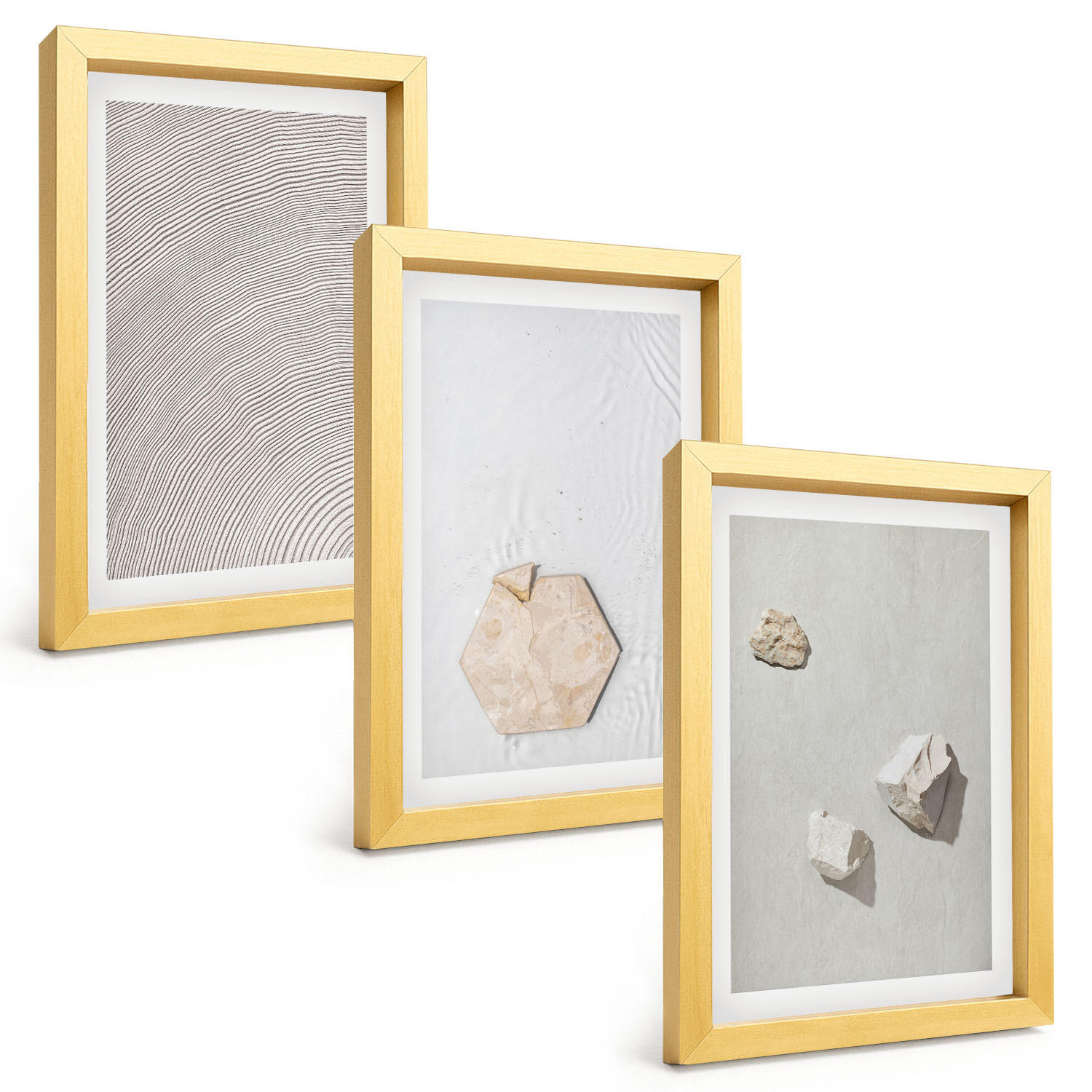 BILDER SET 3er Set - 20x30 cm Goldrahmen - Leichte Boho-Sandtexturen - Goldfarben, Kunststoff (20/30cm) - TULUP
