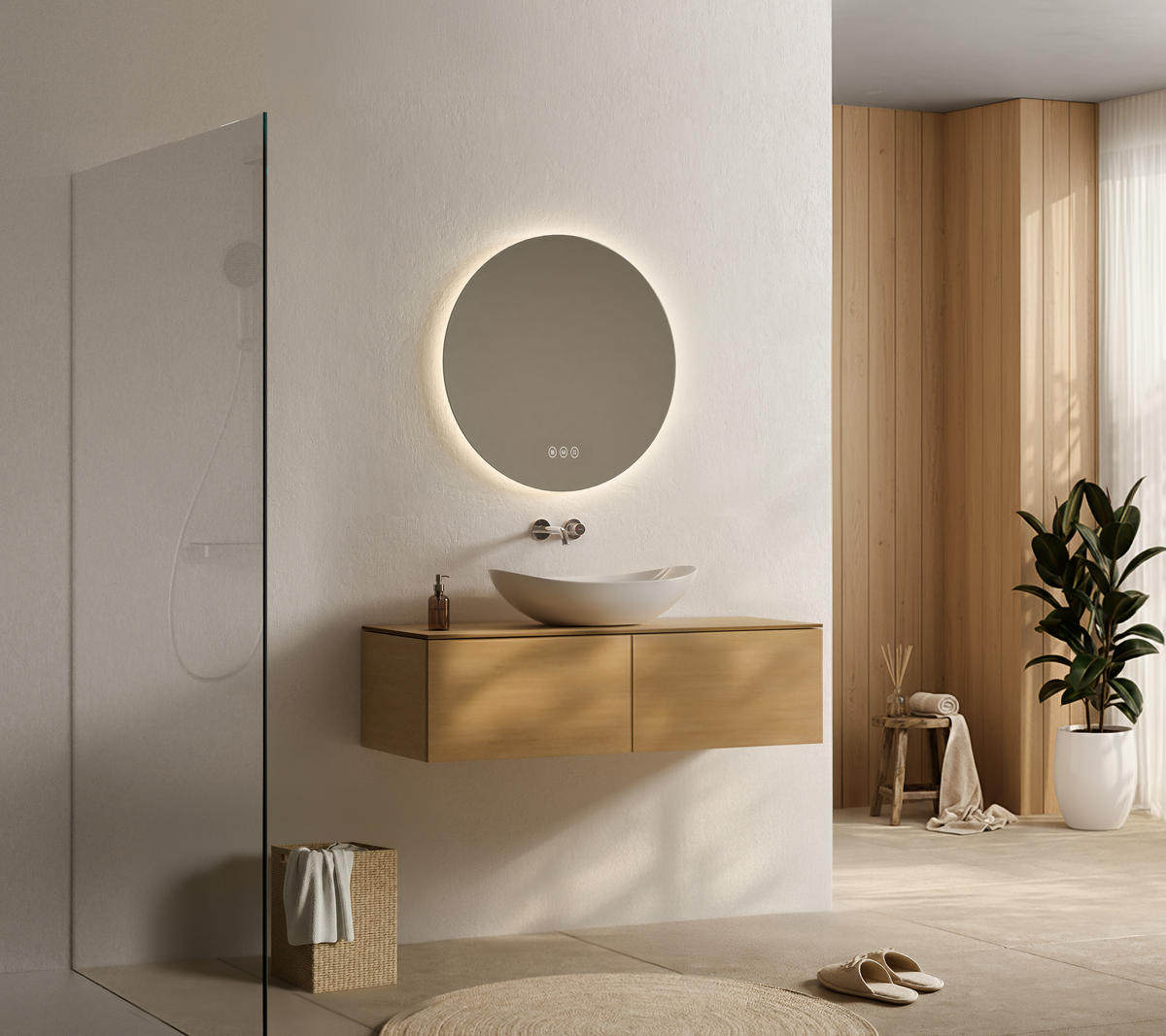 BADSPIEGEL Rund mit Beleuchtung Rahmenlos, 3 Lichtfarben, Ø 60 cm - Weiß, Glas (60/3/60cm) - EMKE