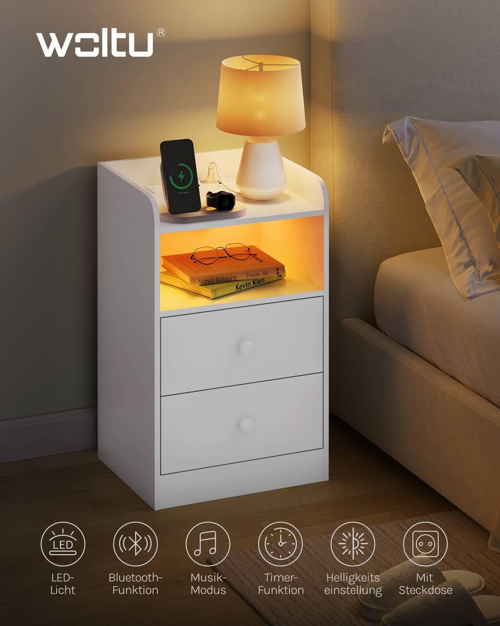 NACHTTISCH 2er Set mit LED-Licht, 2 Steckdosen , Holz, Weiß - Weiß, Holzwerkstoff (40/64/35cm) - Woltu
