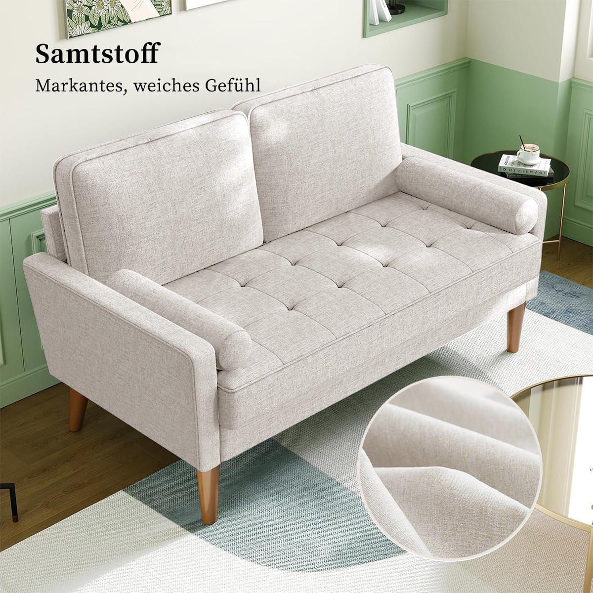 SOFA 2-Sitzer Modernes Kleines Sofa 120 cm,Stoffcouch mit Armlehne Knopf-Design, inkl. 2 Wurfkissen Couch für Wohnzimmer,Gästezimmer,Wohnung,Beige - Beige, Textil (51/46/121cm)