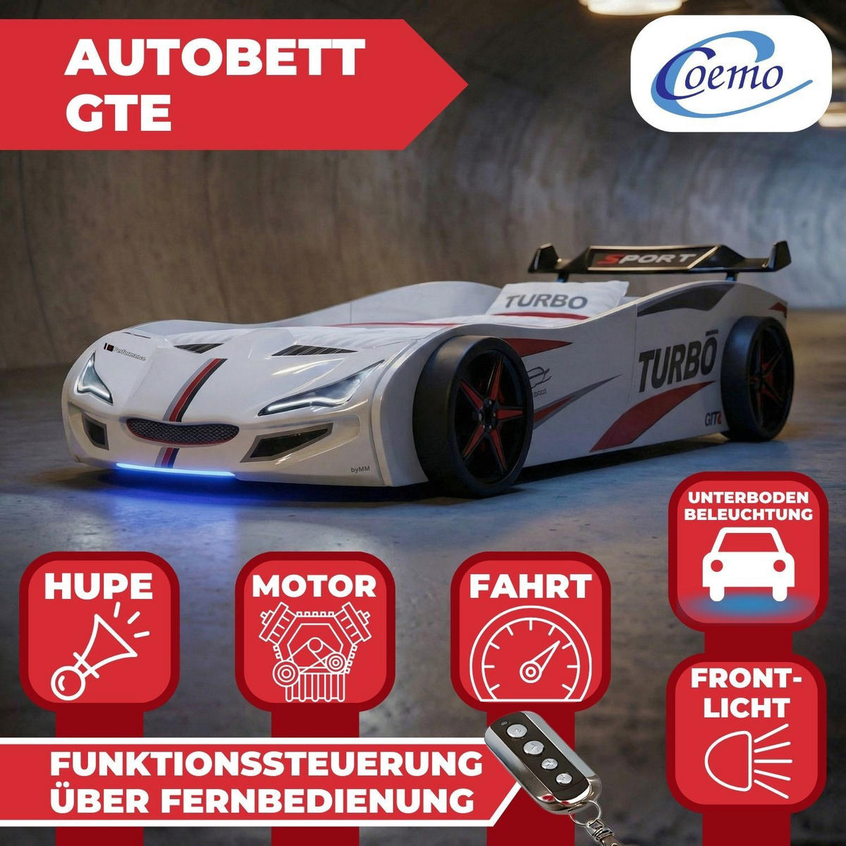 AUTOBETT GTE mit Rollrost, Licht und Sound Farbe Weiß - Weiß, Holzwerkstoff (90/200cm) - Coemo