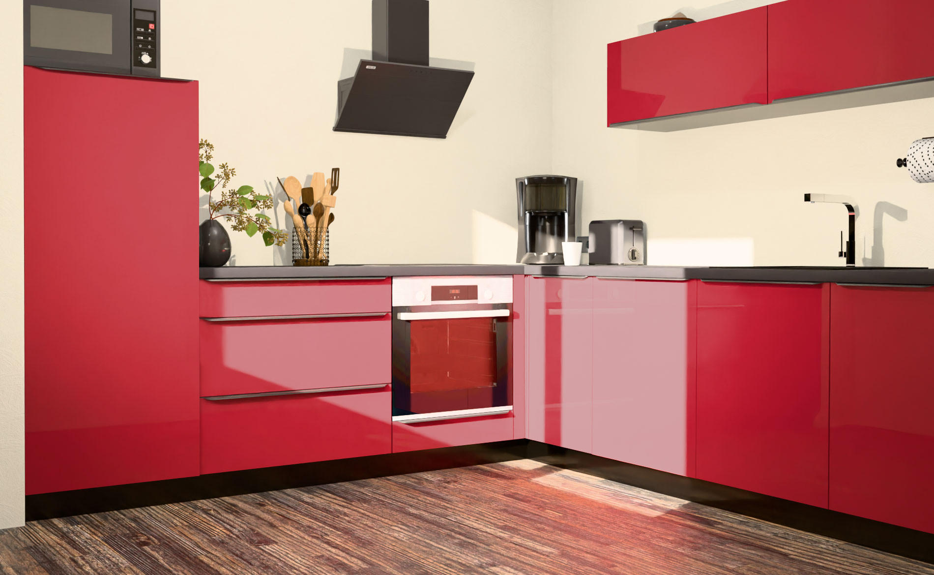 L-FORM KÜCHENZEILE 9-tlg Brerra Schwarz / Rubinrot Hochglanz 264,5 / 265 / 154cm - HETTICH Vollauszug - Rot/Schwarz, Holzwerkstoff/Metall (264.5/154/265cm) - Feldmann-Wohnen