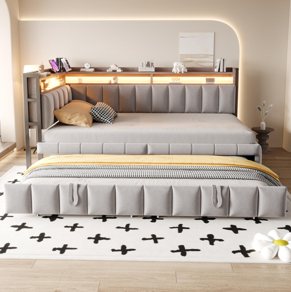 POLSTERBETT 90/200 cm aus Samt mit LED-Beleuchtung, Hellgrau - Grau, Textil (90/200cm) - OKMYHOME