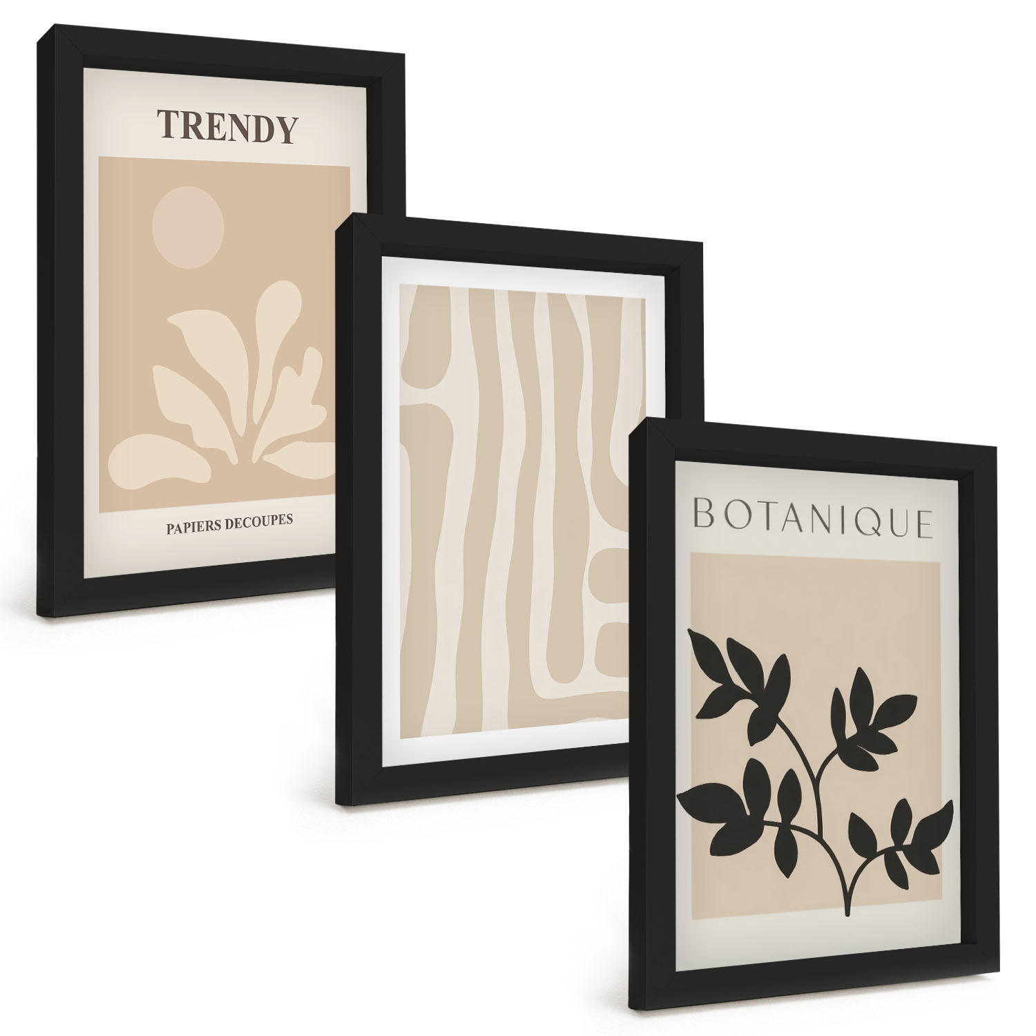 BILDER SET 3er Set - 20x30 cm Schwarzer Rahmen - Stilvolle Pflanzenmuster in Beige und Schwarz - Schwarz, Kunststoff (20/30cm) - TULUP