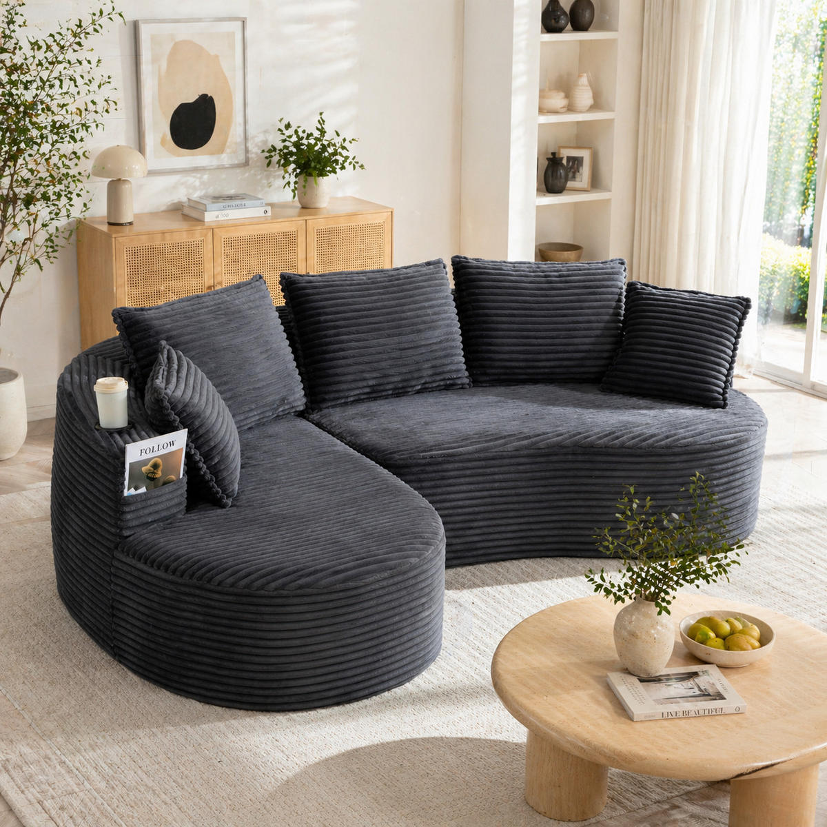 ECKSOFA DE-33808 Bogendesign mit Becherhalter Dunkelgrau - Dunkelgrau, Textil (250/152cm) - ComfortXL