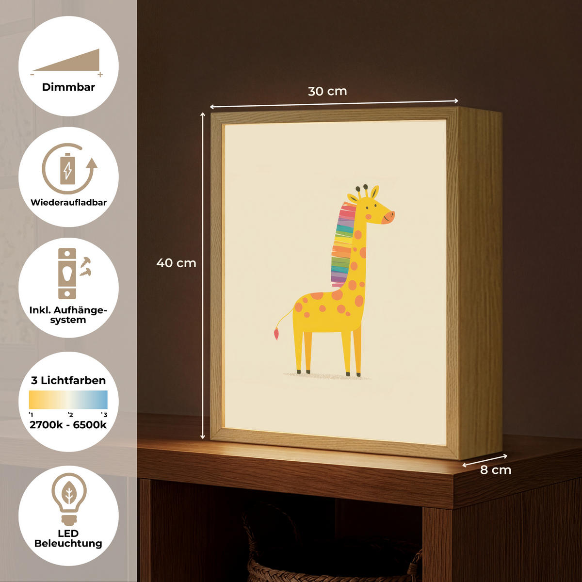 NACHTTISCHLAMPE MIT AKKU Giraffe - Regenbogenmähne - Beige 30x40 cm - Beige, Holzwerkstoff (8/30/40cm) - OnlyWow