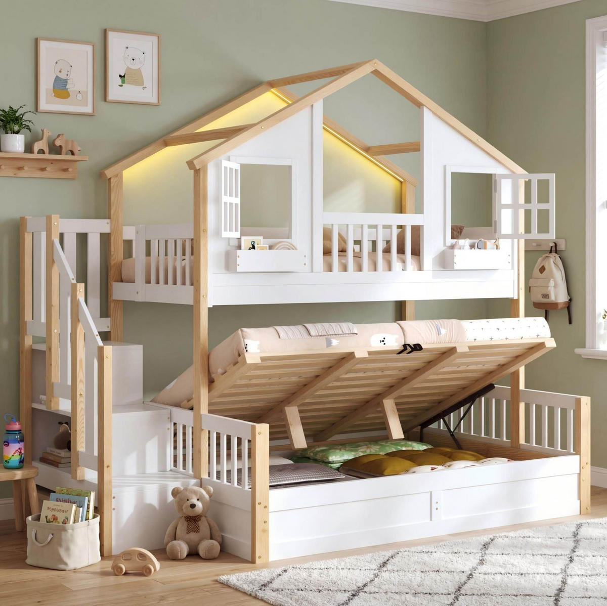 ETAGENBETT mit Stauraumtreppe 90x200 + 140x200 cm Kiefernholz Weiß - Weiß, Holzwerkstoff (90/200cm) - Beauniv