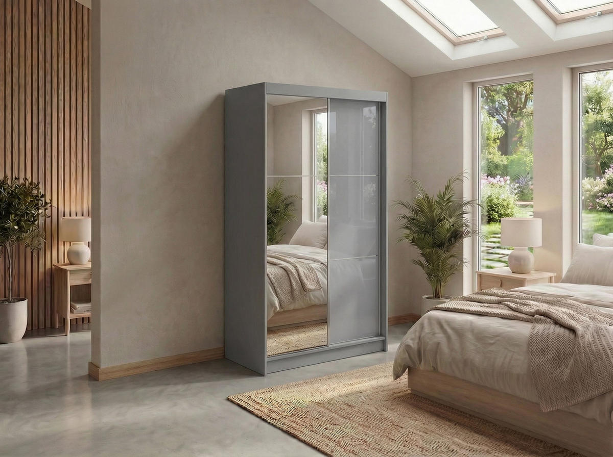 SCHWEBETÜRENSCHRANK mit Spiegel - WALENCJA - 120 - Grau lacobel - Alufarben/Grau, Holzwerkstoff/Metall (120/216/61cm) - MKS