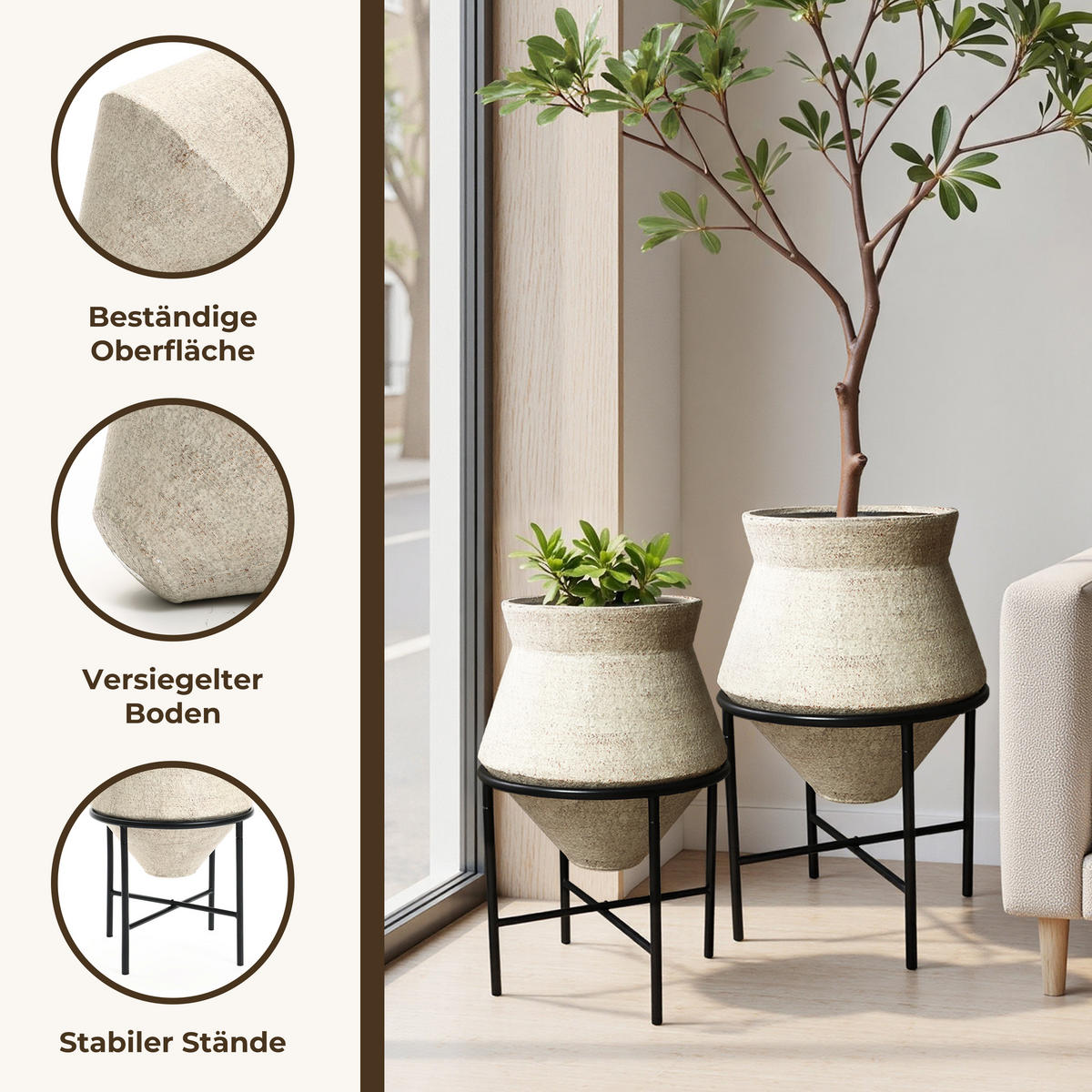 BLUMENTOPF Set 2er aus Eisen, Durchmesser 31& 25cm - Beige, Metall (40/62/40cm) - Hometopia
