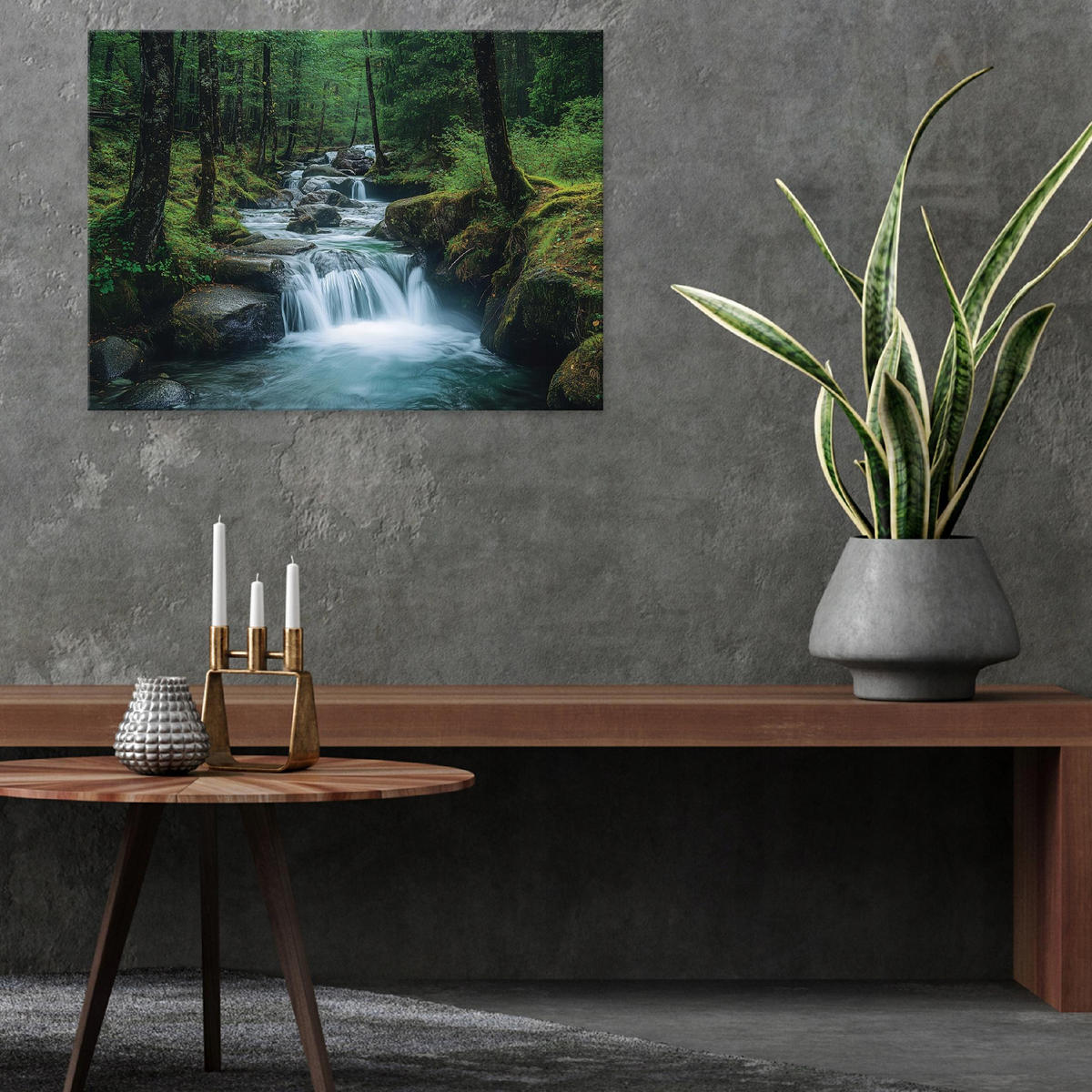 LEINWANDBILD Wasserfall Wald Natur Modern Wohnzimmer 120x80 - Multicolor, Holzwerkstoff (120/80cm) - Wallarena