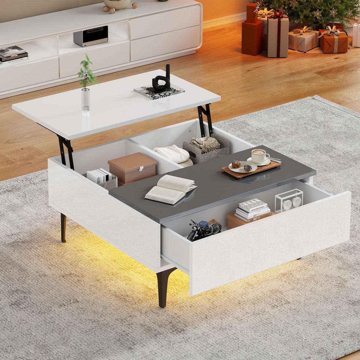 COUCHTISCH 70x70cm Weiß Höhenverstellbar LED Hochglanz Versteckter Stauraum - Weiß, Holz (92.08/50.8/17.15cm) - FLIEKS