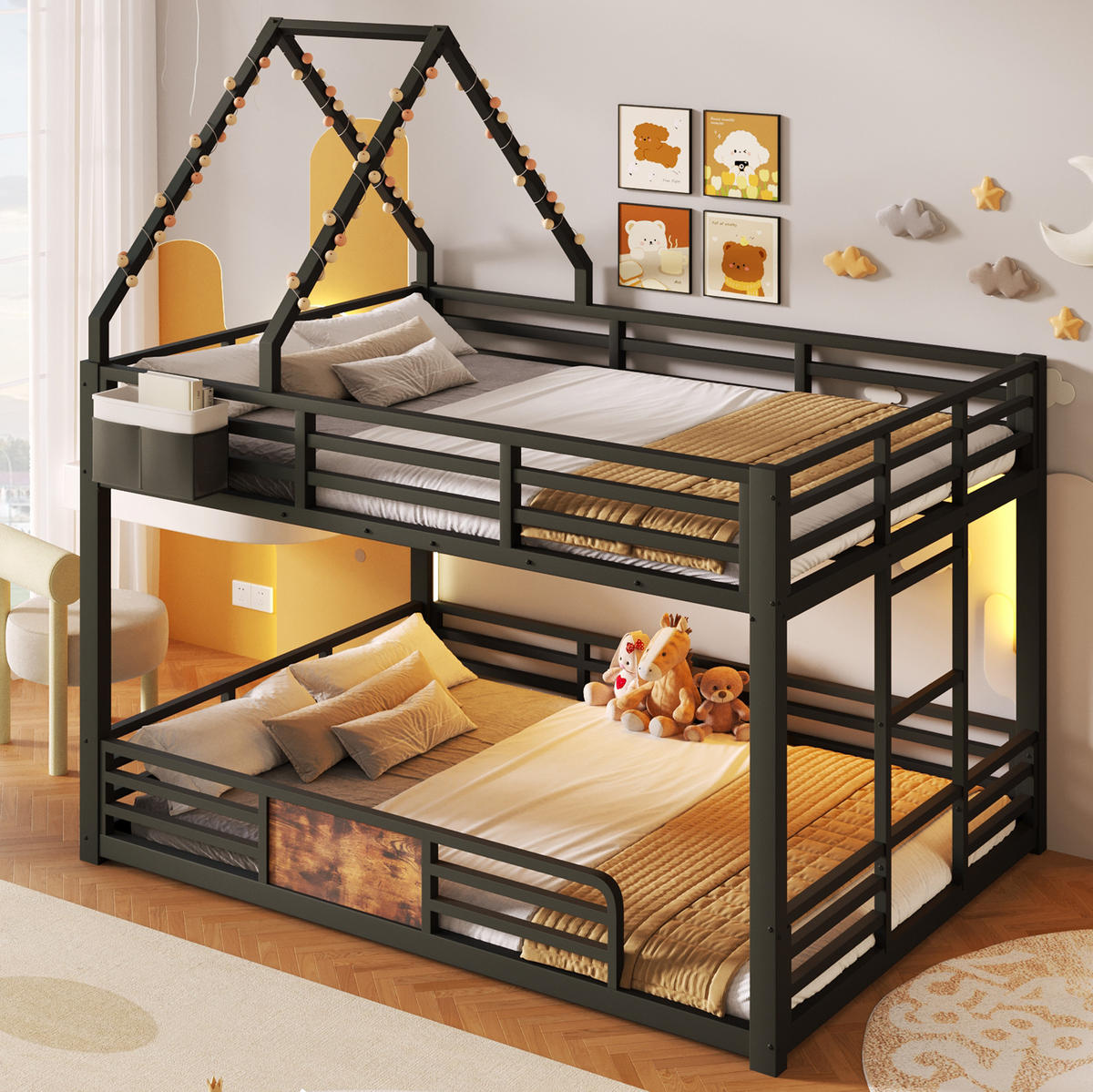 ETAGENBETT Metall & Holzwerkstoff 140x200 cm Schwarz mit LED, Hausbett-Design, Stofftaschen & Sicherheitsgeländer - Schwarz, Metall (140/200cm) - Modfu