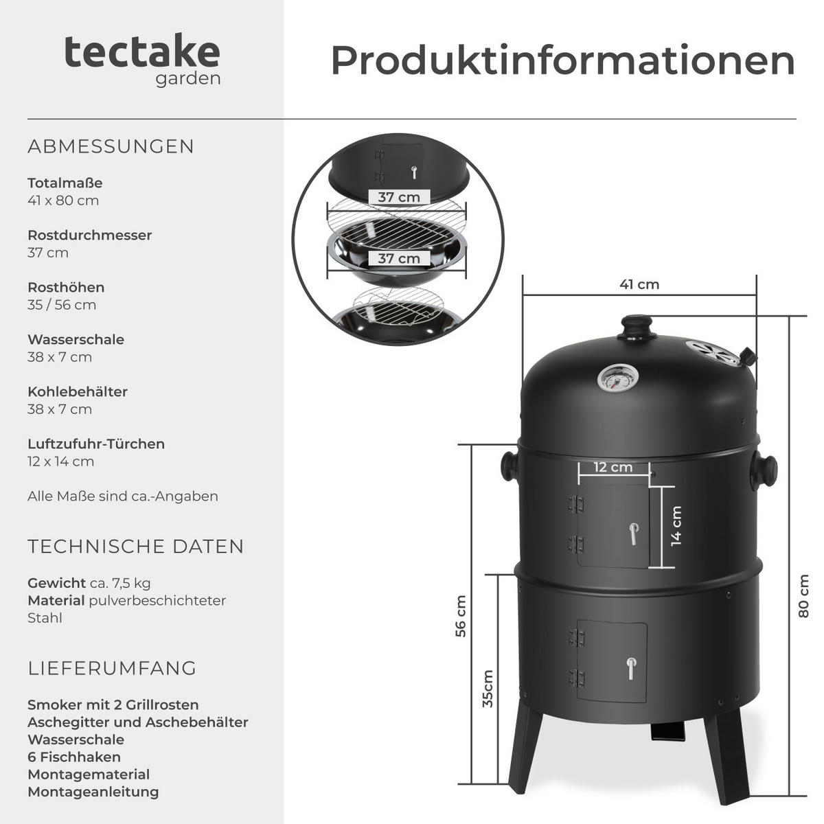 SMOKER ,Ø 41 cm,schwarz - Schwarz, Metall (41/80/41cm) - tectake