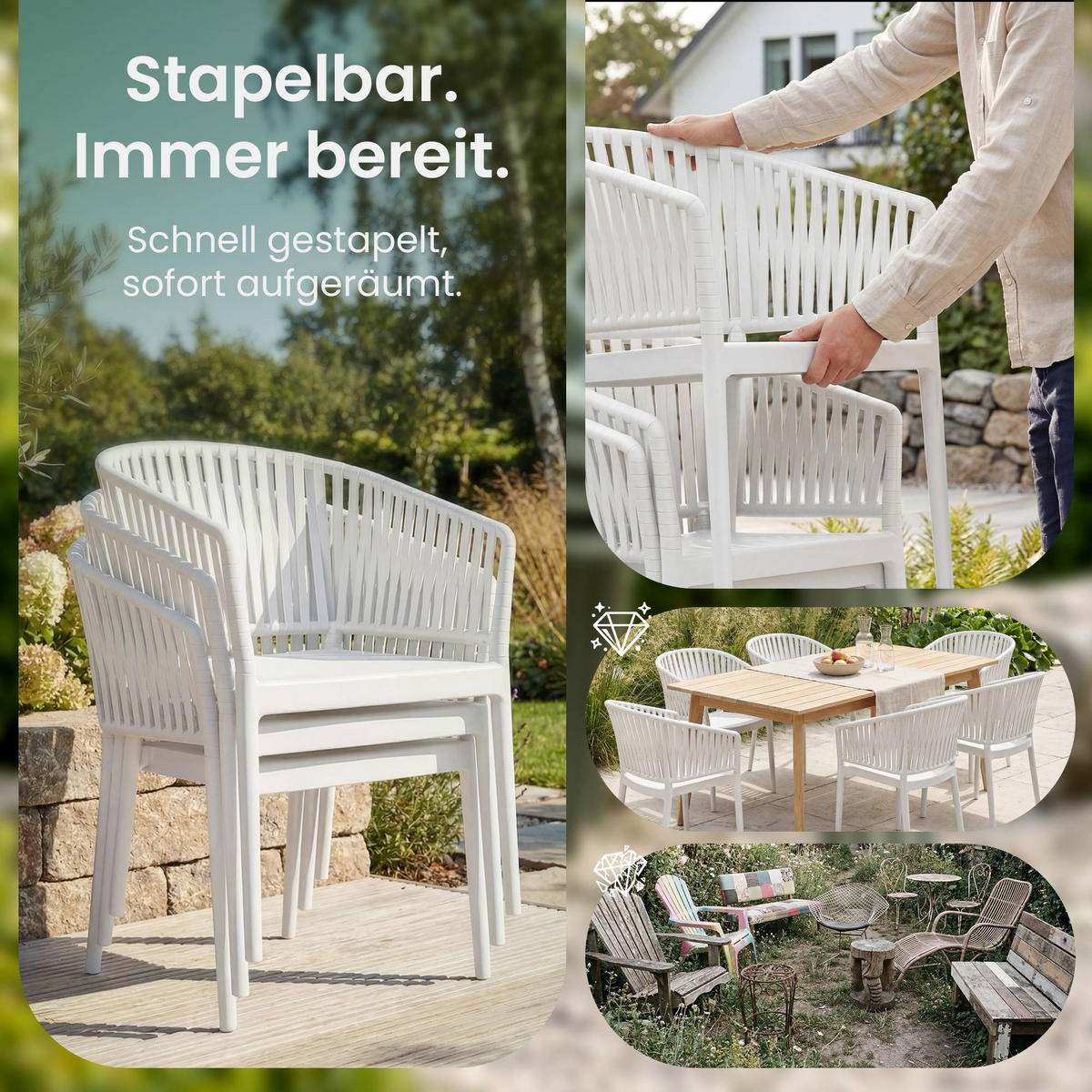 GARTENSTUHL 4er Set Kunststoff Weiß - Weiß, Kunststoff (58/80/58cm) - CLP
