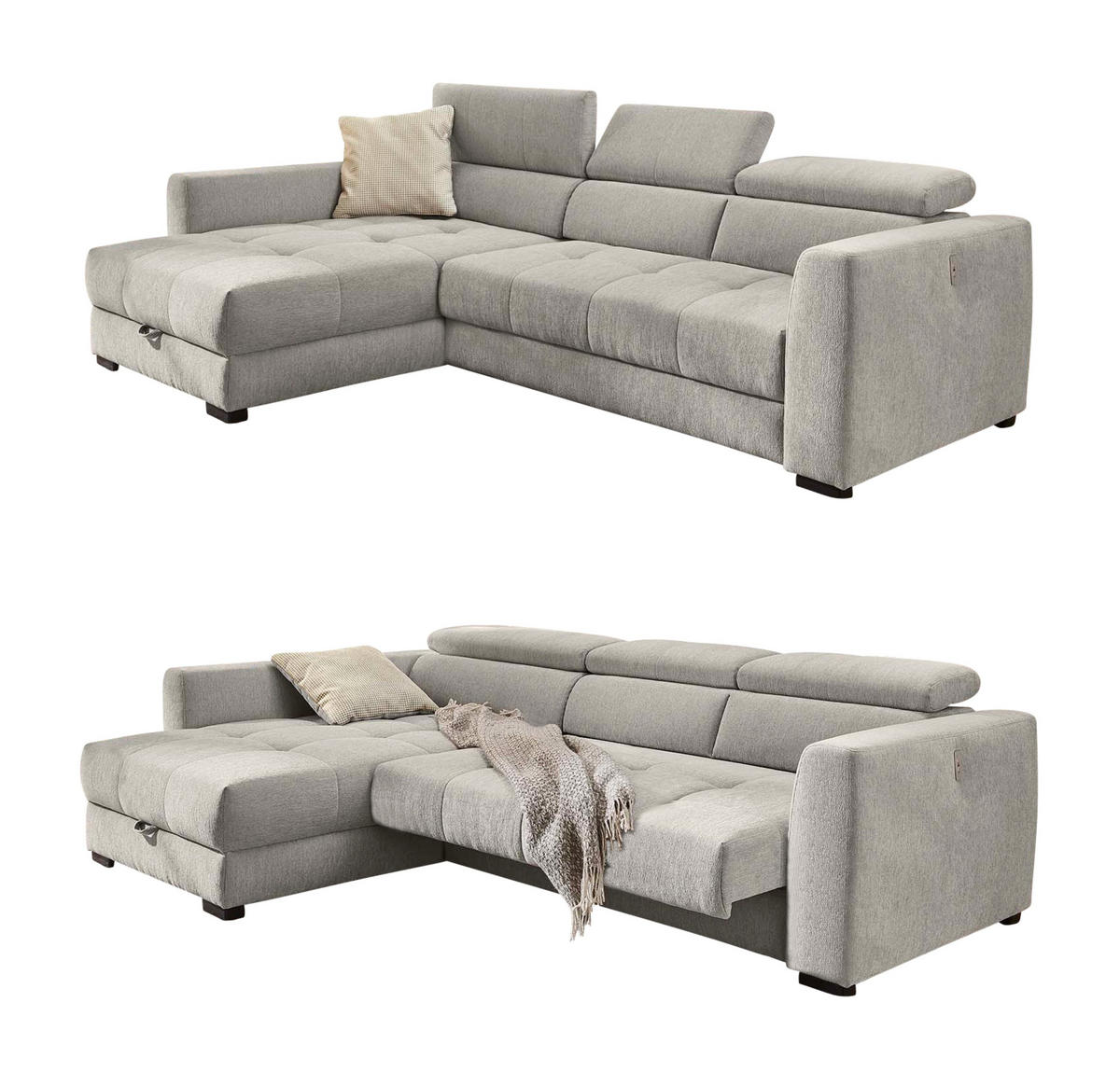 ECKSOFA mit elektrischer Sitztiefenverstellung, Kopflehnen verstellbar, USB-Ladefunktion, Bettkasten B300/T196/H103 cm, Chenille Grau / 15408 - Schwarz/Grau, Kunststoff/Textil (300/196cm) - luma-home