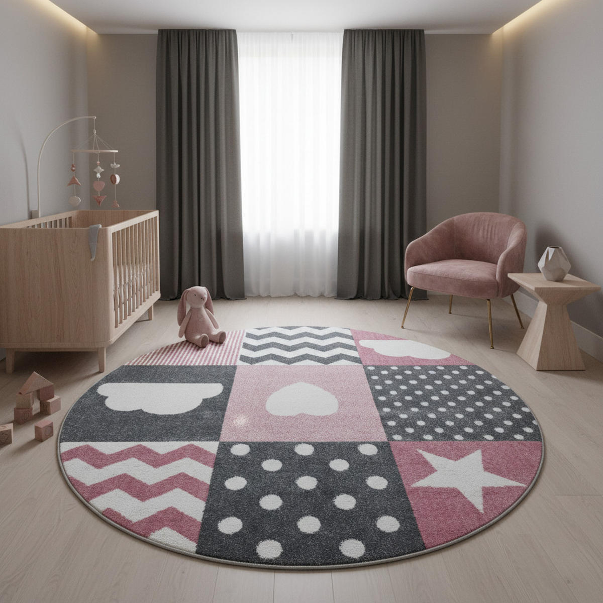 KINDERTEPPICH Herz-Stern Pflegeleicht Waschbar Kinderzimmer OEKO-TEX Rund Pink 160x160 cm – LAGO - Rosa, Textil (160/160cm) - KADIMA DESIGN