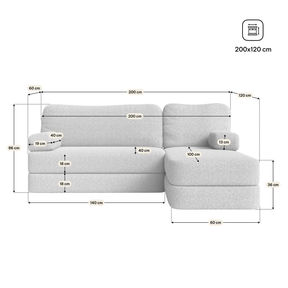 ECKSOFA SABI modulares Boneless Sofa mit Schlaffunktion Grau Boucle-Stoff - Grau, Textil (200/120cm) - MASSENO