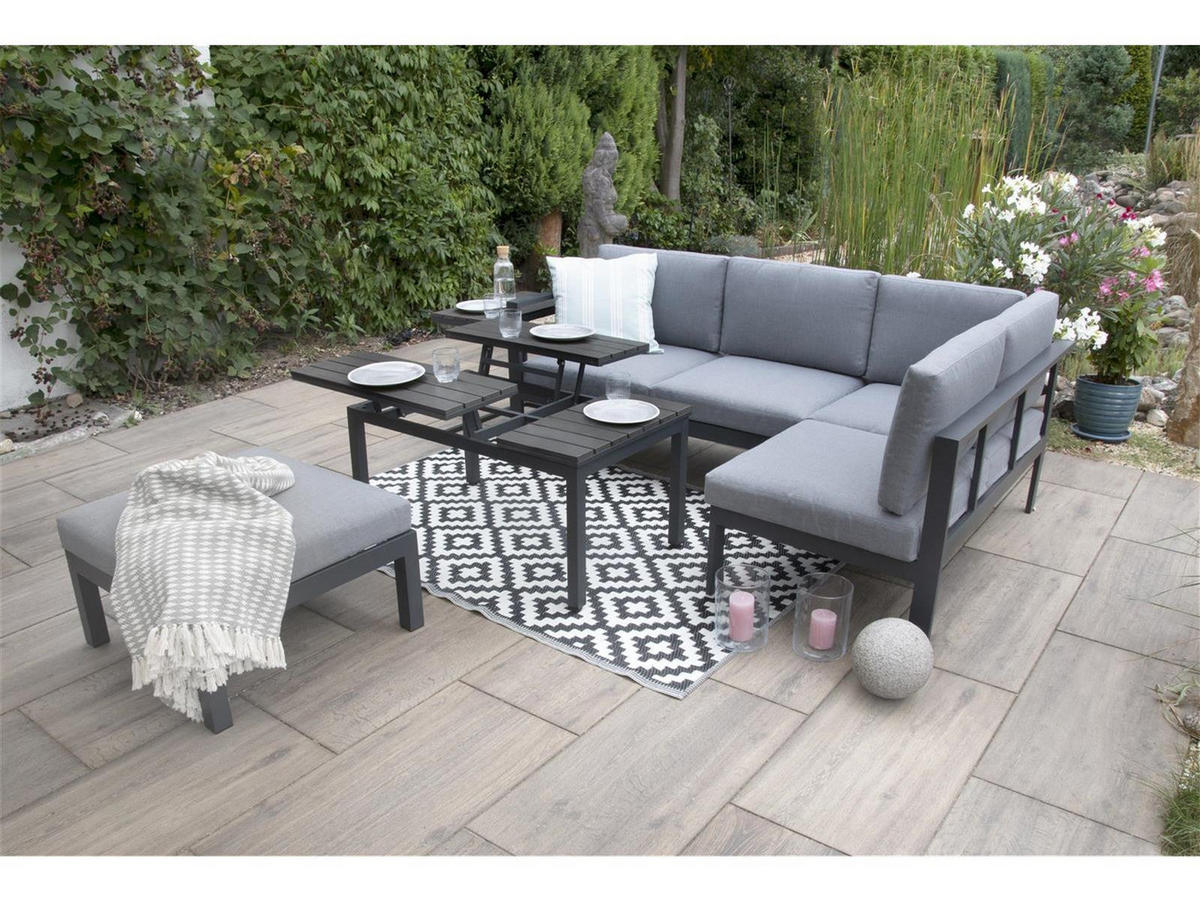 LOUNGE-SET Porto Grau Aluminium höhenverstellbarer Tisch für 5 Personen - Grau, Kunststoff - Green Spirit