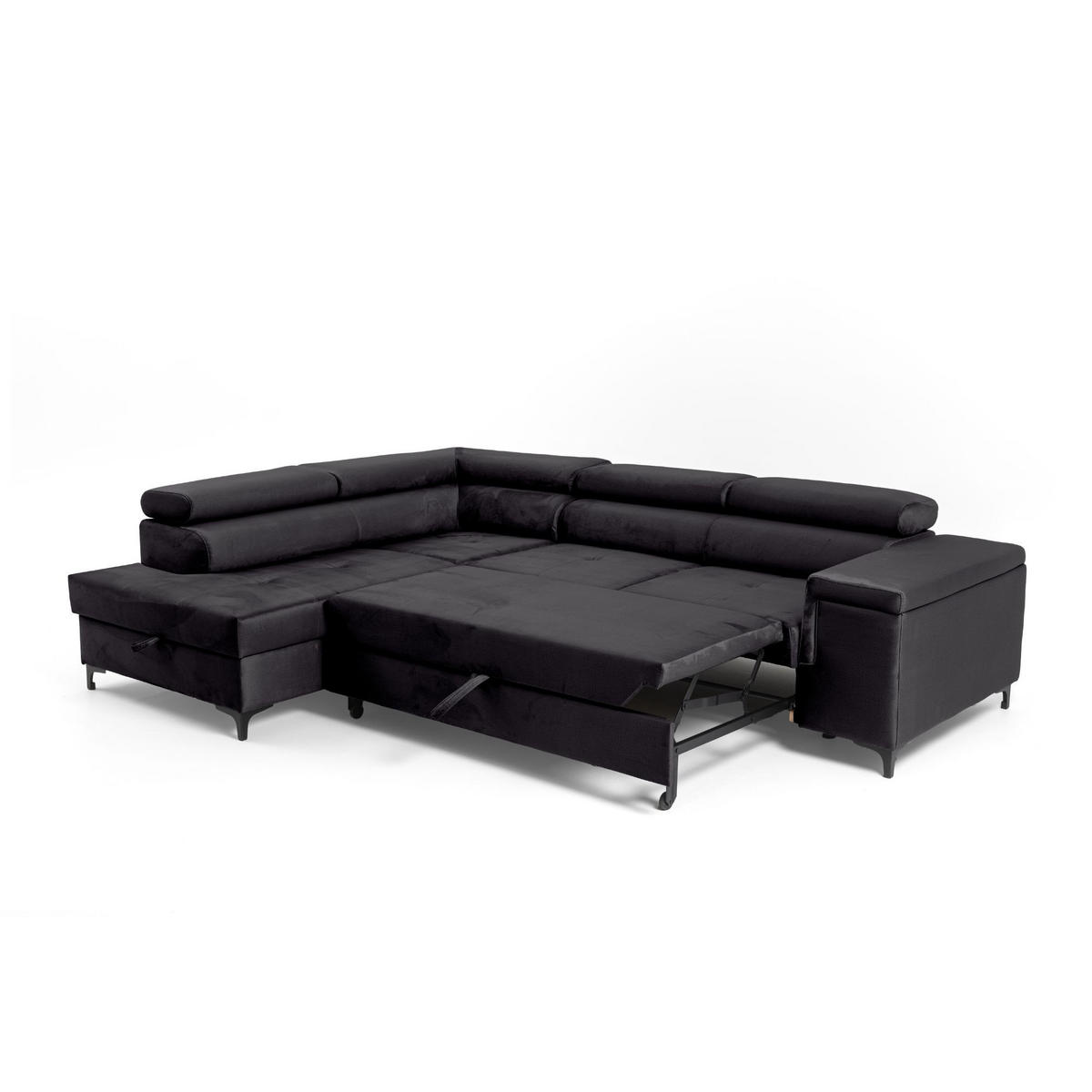 ECKSOFA WILLIAM L Links mit Schlaffunktion 127x195 Velours Schwarz - Silberfarben/Schwarz, Holz/Textil (275/203cm) - Muffo