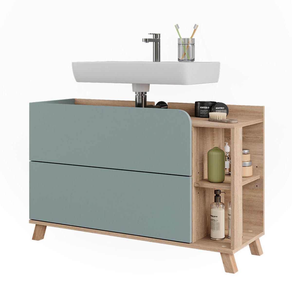 WASCHBECKENUNTERSCHRANK Karen Sonoma/Blau 100 x 65 cm mit 2 Schubladen - Blau, Holzwerkstoff (100/65/35cm) - Vicco