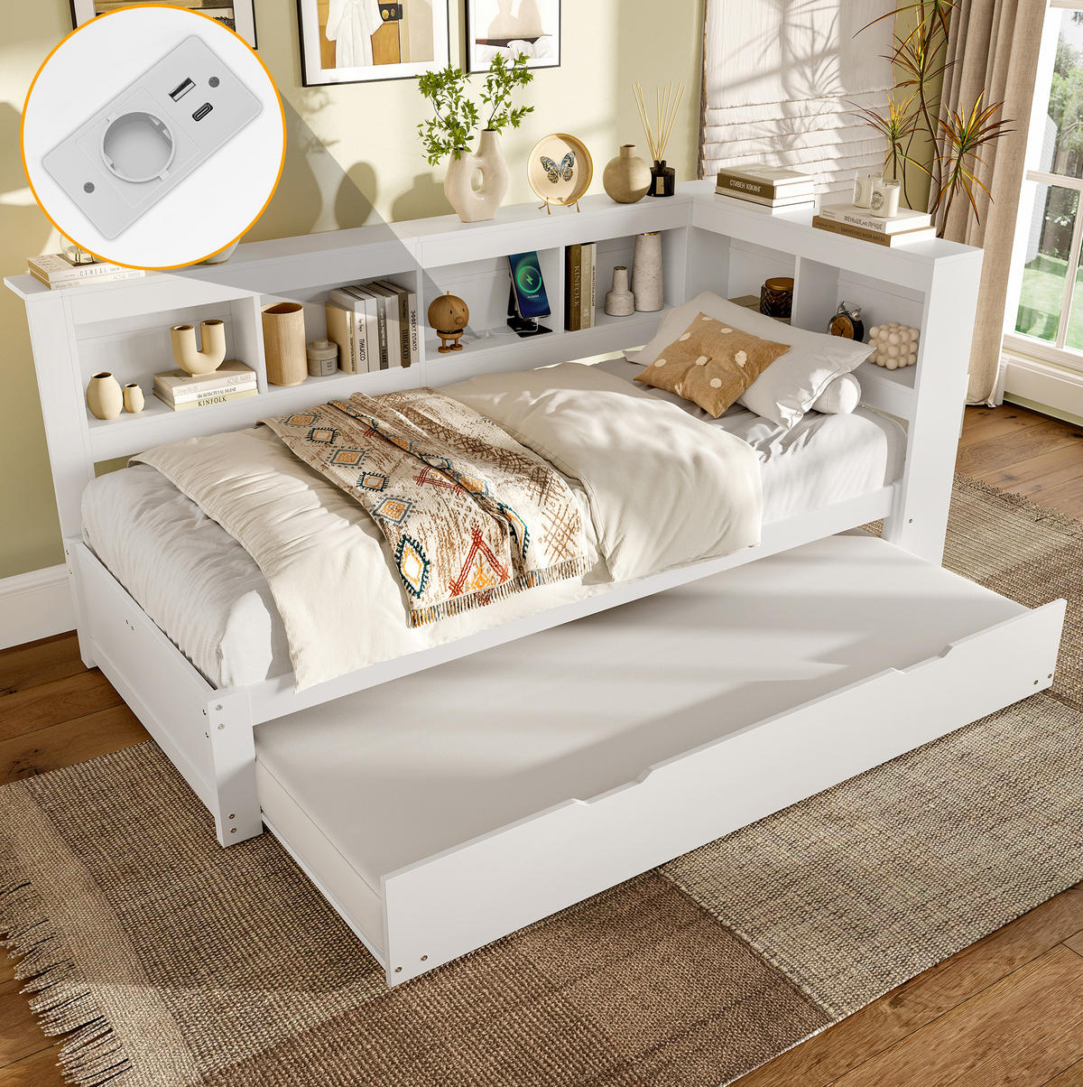 BETT 90/200 cm Weiß aus Kiefernholz mit ausziehbarem Rollbett und Steckdose - Weiß, Holz (90/200cm) - OKMYHOME