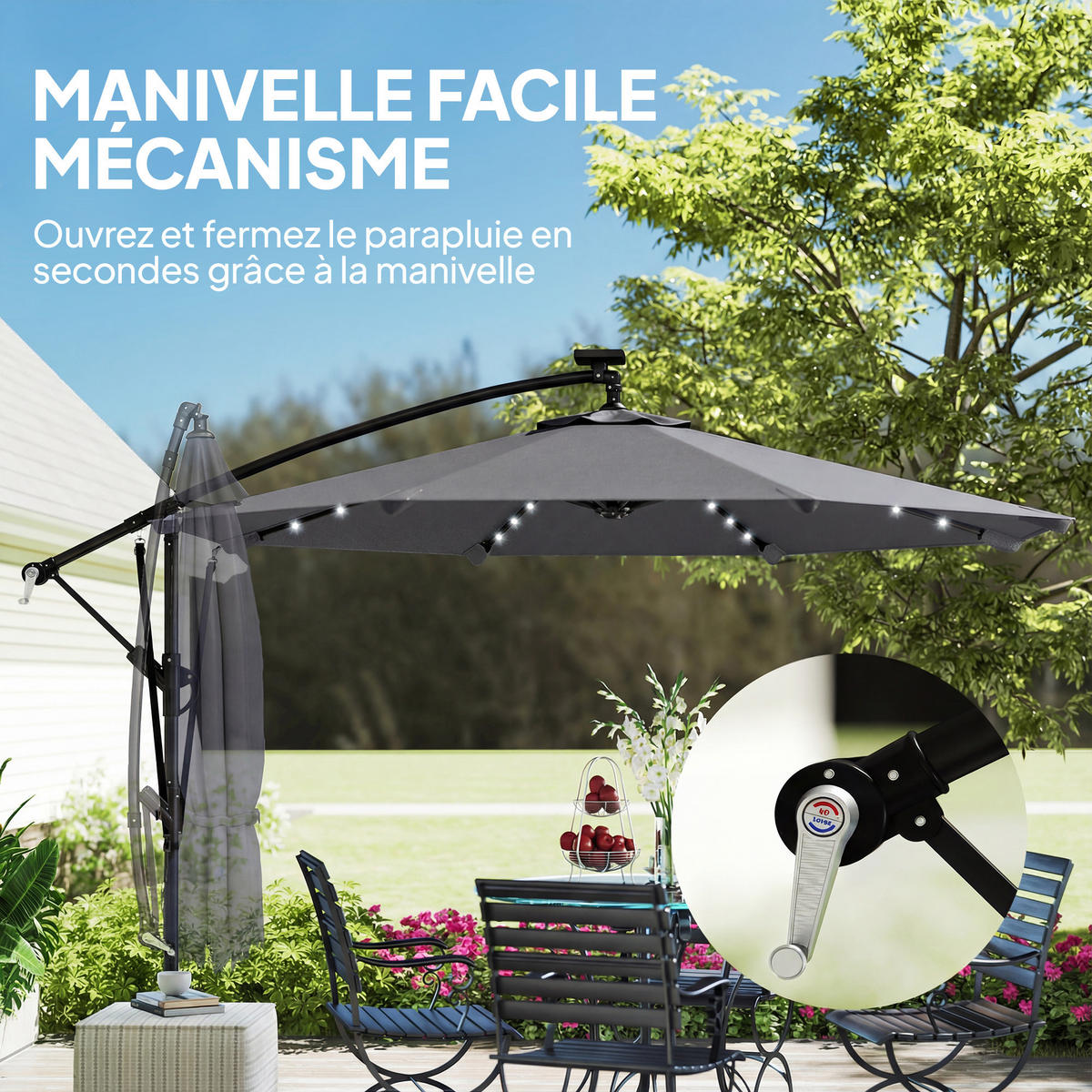 AMPELSCHIRM Ø295 cm DE-11587 mit Solar-LED & UV50+ Grau - Dunkelgrau, Metall (295/330cm) - ComfortXL
