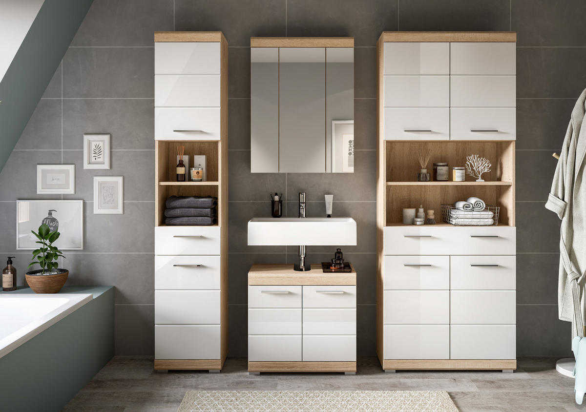 HOCHSCHRANK weiß Hochglanz, Eiche 74 x 191 cm, Badschrank mit viel Stauraum - Weiß Hochglanz/Eichefarben, Holzwerkstoff/Kunststoff (74/191/31cm) - Inn.Furn