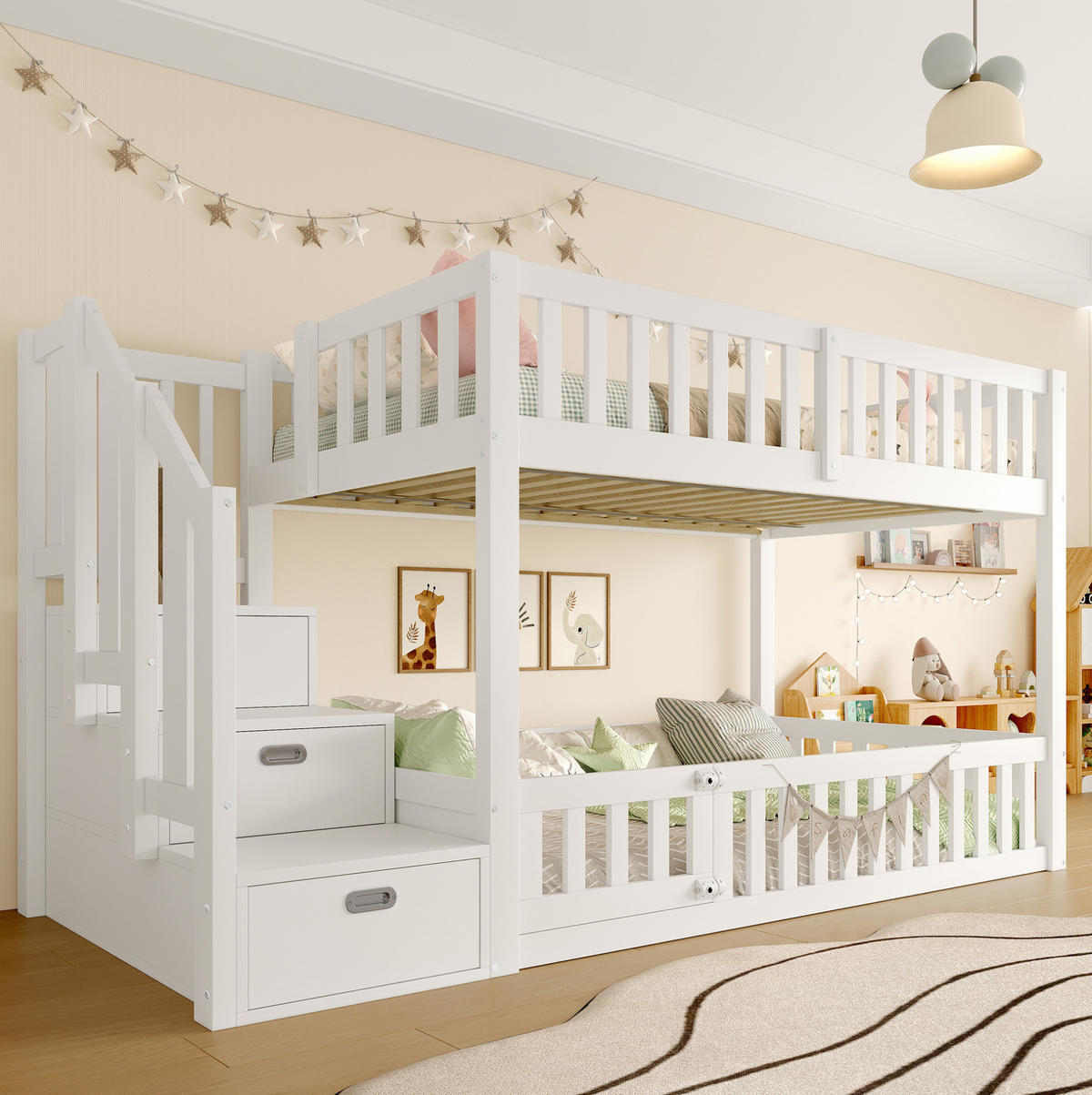 ETAGENBETT 90/200 cm aus Kiefer und MDF mit Leiter und Stauraum Weiß - Weiß, Holzwerkstoff (90/200cm) - Modenvie