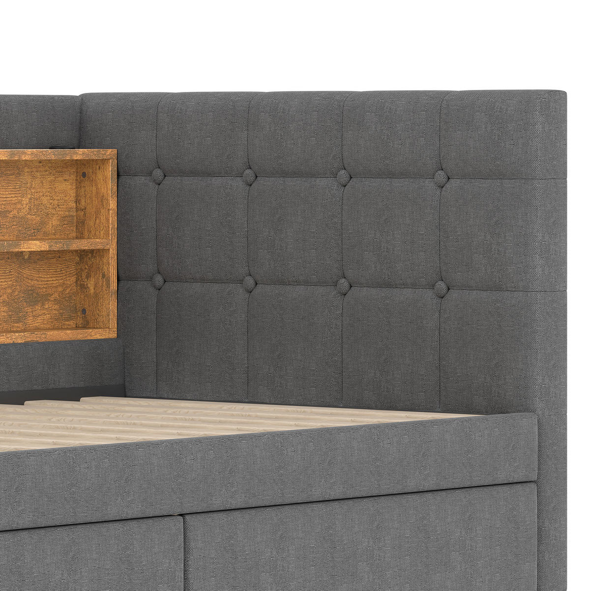 POLSTERBETT 90/200 cm grau aus Leinen mit 2 Schubladen und USB-Anschluss - Grau, Textil (90/200cm) - OKMYHOME