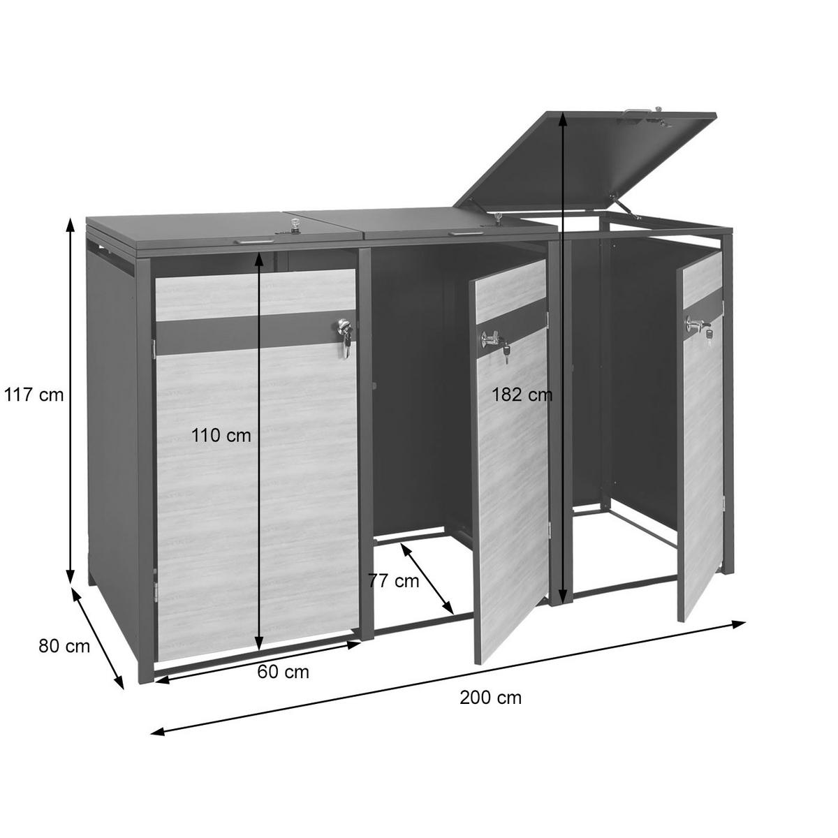 3ER MÜLLTONNENVERKLEIDUNG rechteckig Marmor Schwarz Dekor - Schwarz, Metall (200/117/80cm) - Jamb