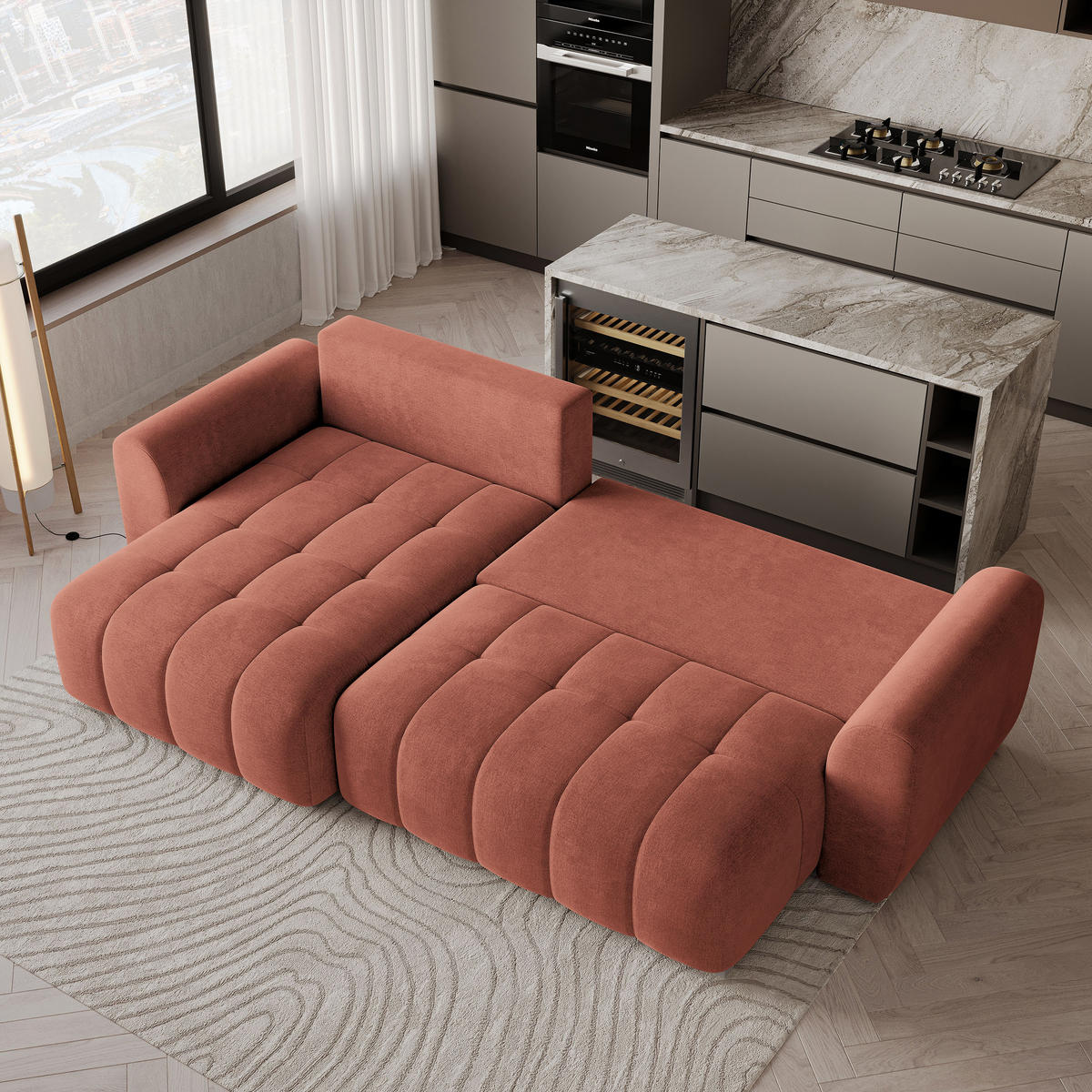 ECKSOFA MODARO CL Koralle Samtstoff mit Schlaffunktion - Koralle, Holzwerkstoff/Textil (285/148cm) - MASSENO