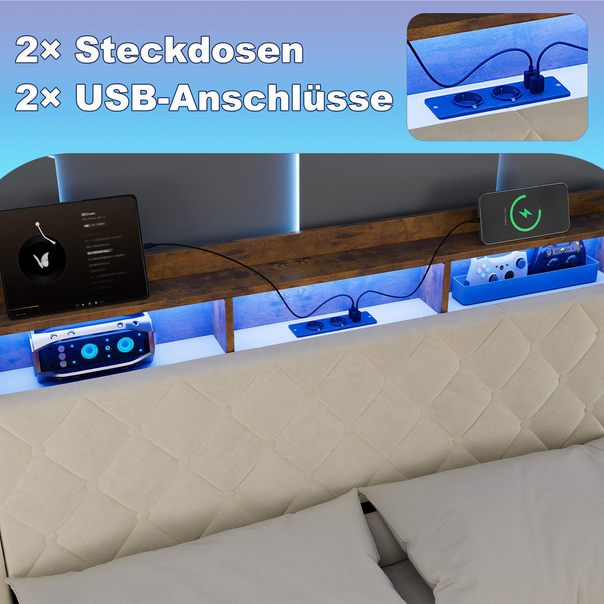 POLSTERBETT 140/200 cm in Beige, Samt, mit Bettkasten, USB, LED, ohne Matratze - Beige, Holzwerkstoff/Textil (140/200cm) - WISHDOR