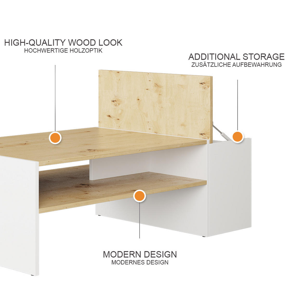 COUCHTISCH Rubby Artisan Eiche/Weiß 110 x 60 cm - Eiche Artisan/Weiß, Holzwerkstoff (60/110/36cm) - Vicco