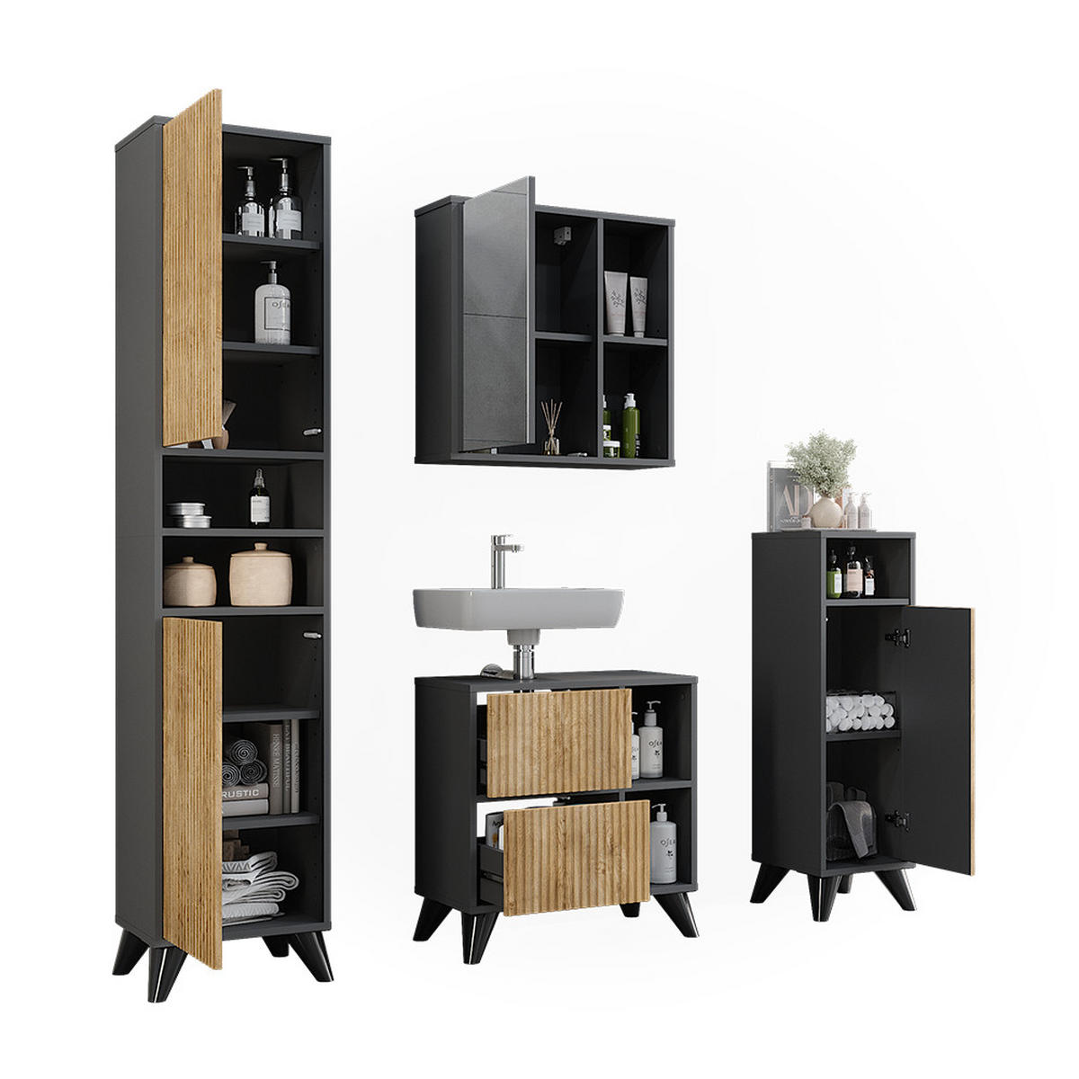 BADMÖBEL-SET Leano Anthrazit/Bergeiche Set 4 - Eichefarben/Anthrazit, Holzwerkstoff (60/62/30cm) - Vicco