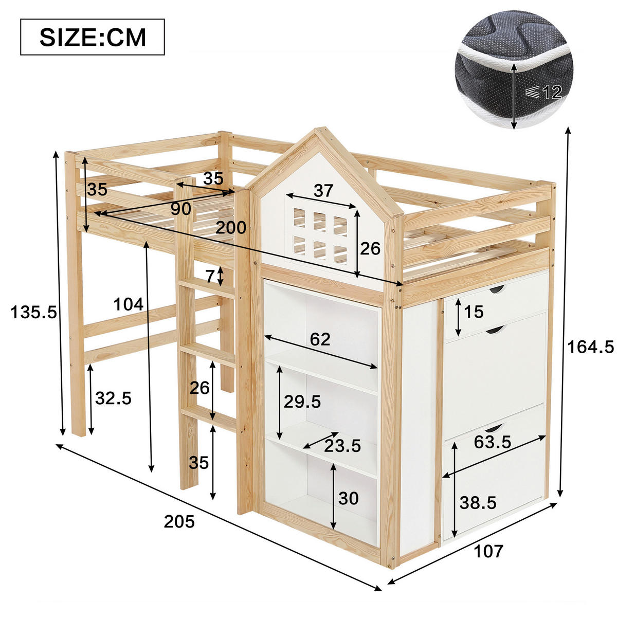 HOCHBETT Hausdesign 90/200 cm Weiß Natur mit Staufächern, Schubladen ohne Matratze - Weiß, Holz (90/200cm) - MIVRAY