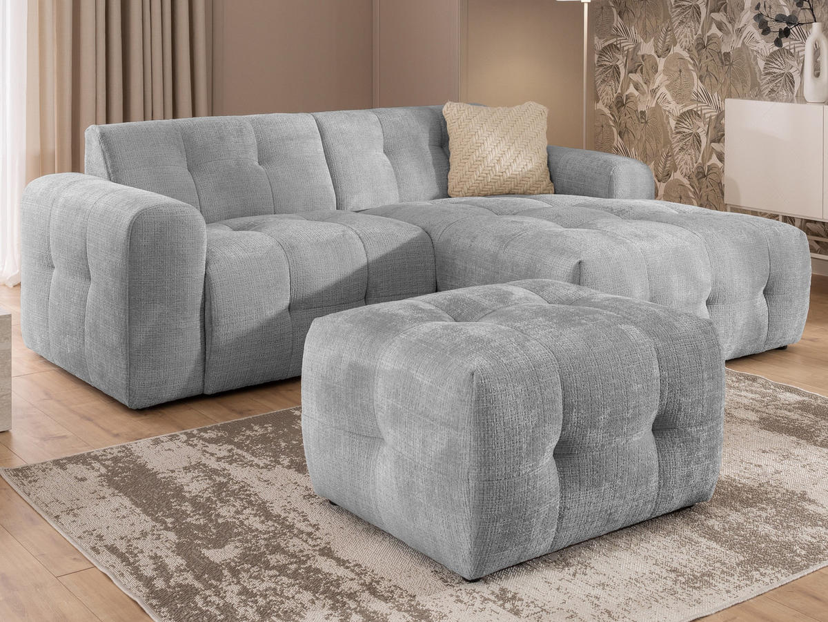 ECKSOFA inkl. Hocker Kozy im Bumpy-Design mit Schlaffunktion und fester Rückenlehne aus weichem Hellgrau Chenille-Stoff - Ottomane rechts - Hellgrau/Schwarz, Holz/Kunststoff (234/161cm) - S-Style Möbel