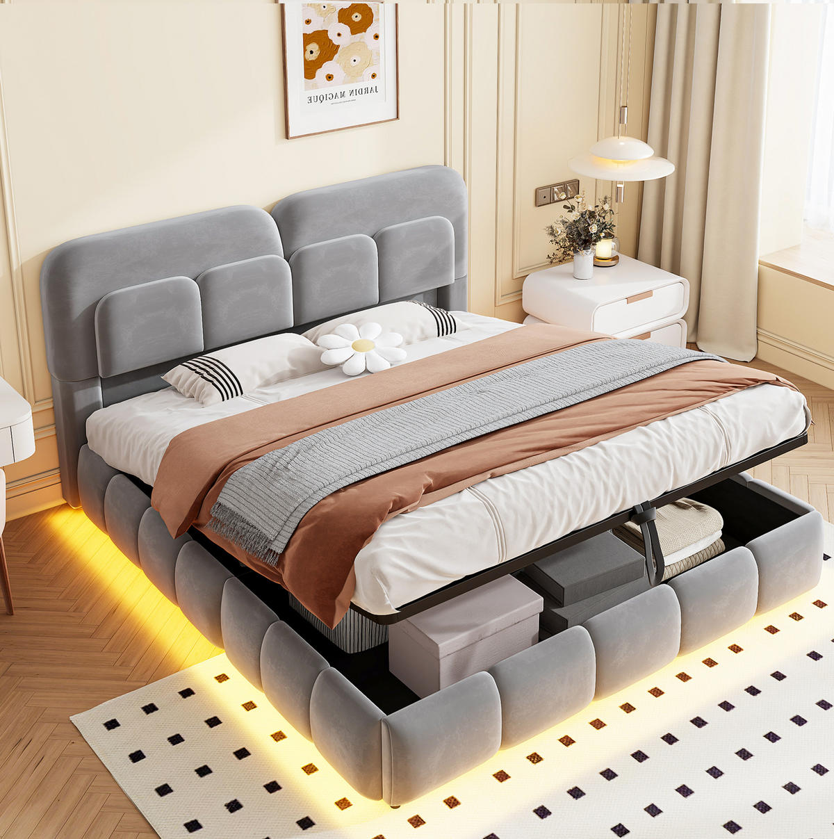 POLSTERBETT 140/200 cm aus Samt mit LED und Stauraum, Grau - Grau, Textil (140/200cm) - OKMYHOME