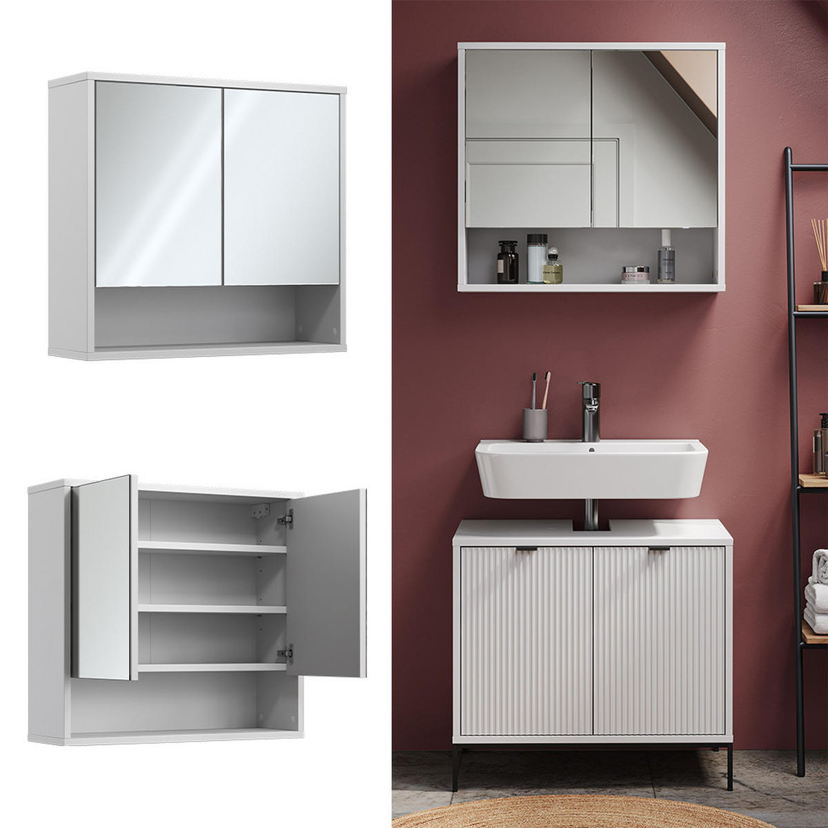BADSPIEGELSCHRANK Eliza Weiß 70 x 65 cm mit 2 Türen - Weiß, Holzwerkstoff (70/65/22.1cm) - Vicco