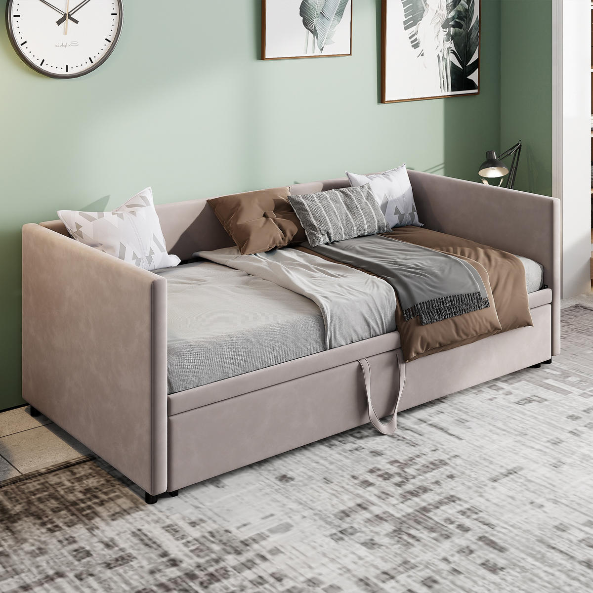 POLSTERBETT 90/190 cm aus Samt Grau mit ausziehbarem Unterbett - Grau, Textil (180/200cm) - Waldena
