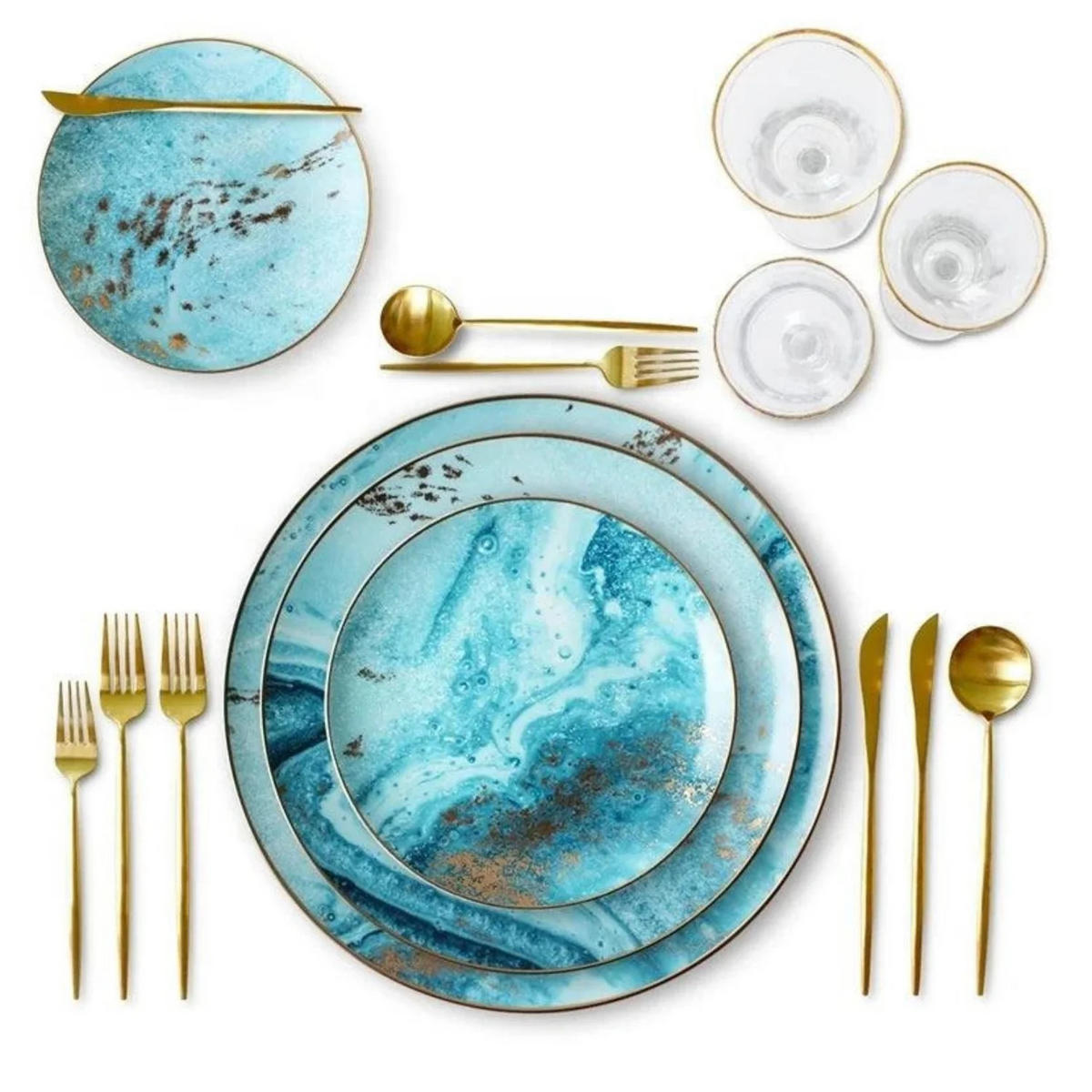 TELLERSET Blau Goldrand Bone China Blau Gold 4tlg Ø30 Ø26 Ø20 Ø16 cm - Goldfarben/Hellblau, Keramik (30/2/2cm) - Quality Elegance