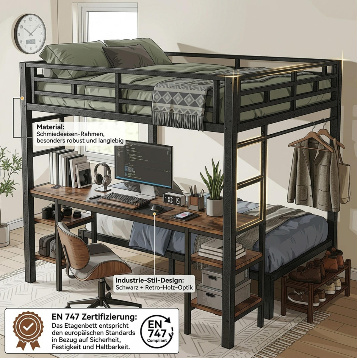 ETAGENBETT aus Metall 140x200/90x200 cm Schwarz/Vintage mit Schreibtisch, Kleiderstange und Ladestation - Schwarz, Metall (140/200cm) - Modfu