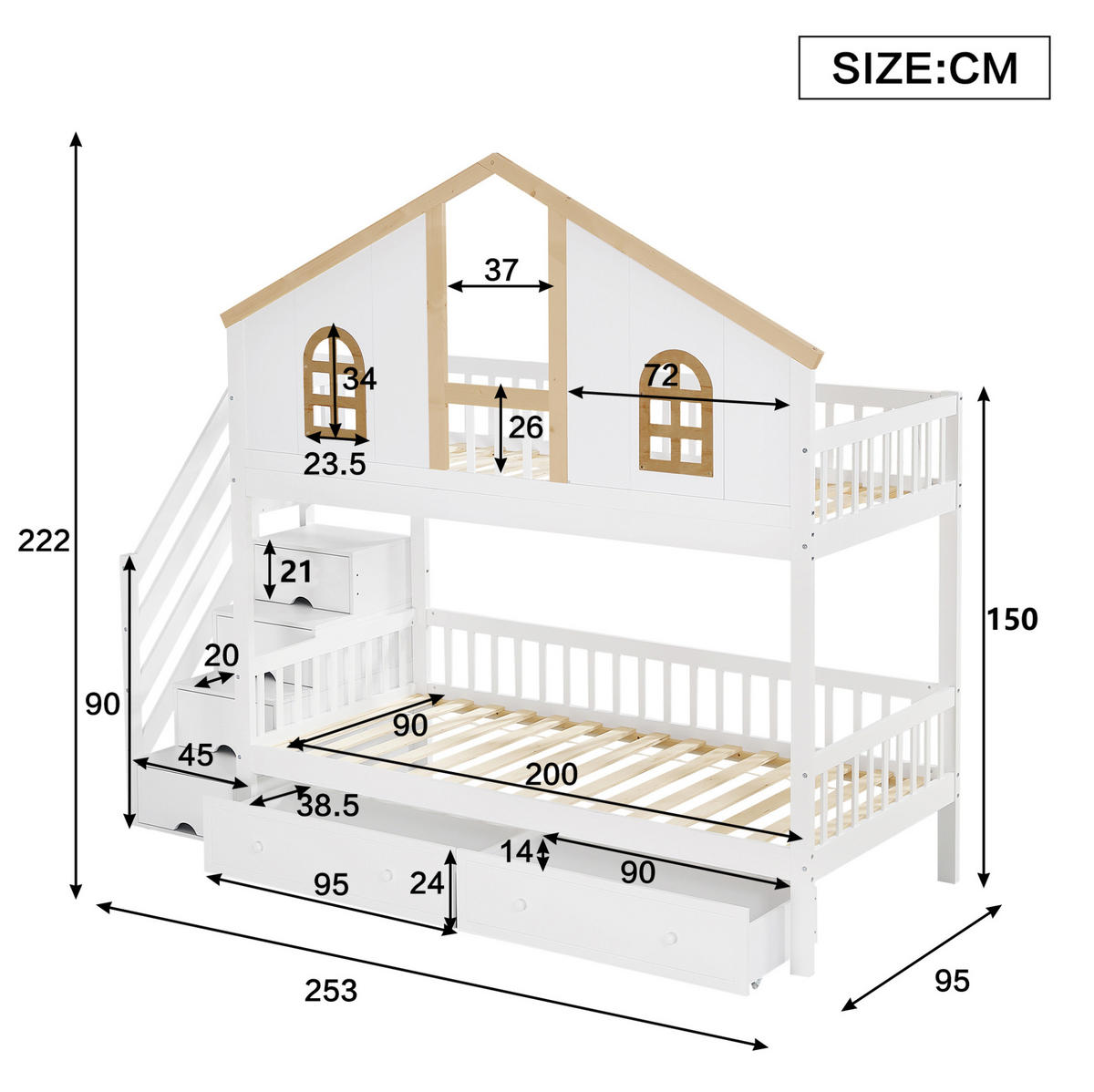 ETAGENBETT 90/200 cm mit Stauraumtreppe, 2 Schubladen, Fenstern und Fallschutz aus Kiefer massiv und MDF, Weiß/Natur - Weiß, Holzwerkstoff (90/200cm) - Redom