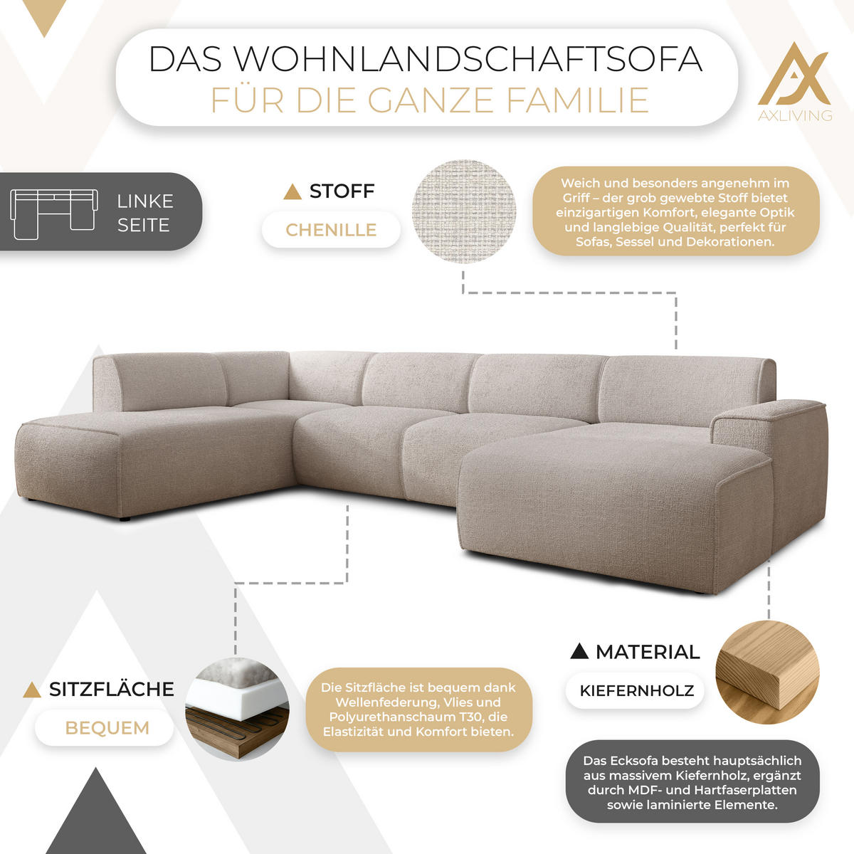 WOHNLANDSCHAFT Didim Creme 378/220/78 cm – großes Sofa stilvoll & bequem L - Creme/Schwarz, Kunststoff/Textil (220/78/378cm) - AX Living