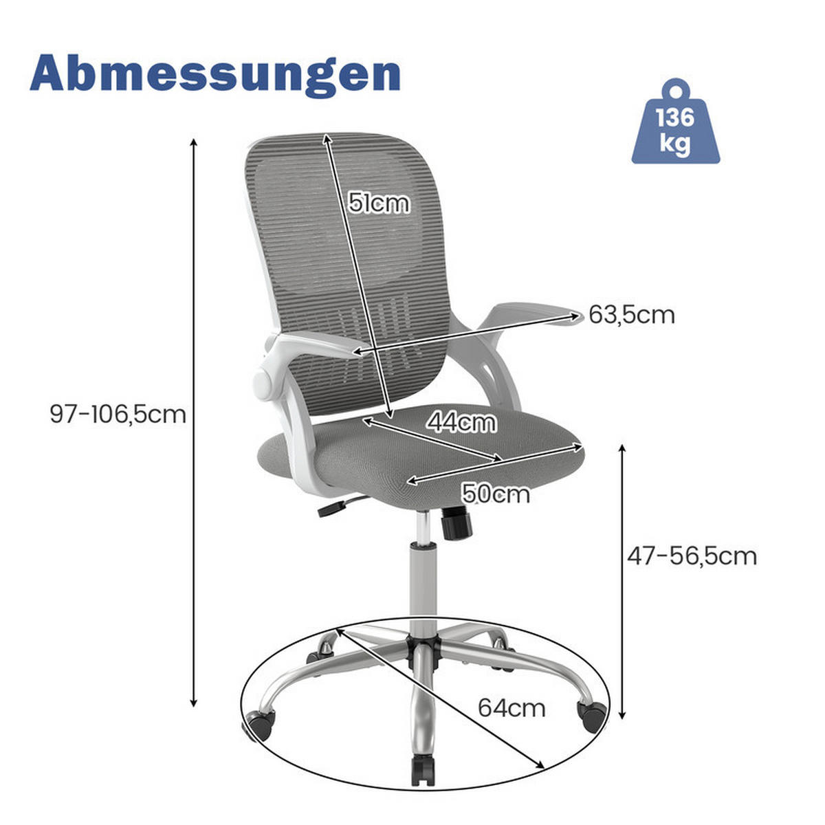 BÜROSTUHL mit klappbaren Armlehnen und Wippfunktion grau - Grau, Metall (63.5/97/58cm) - COSTWAY