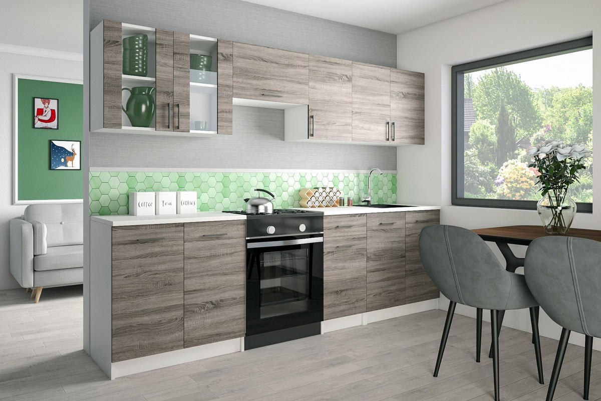 KÜCHENZEILE LECO 260 dunkel sonoma truffel - Sonoma Eiche, Holzwerkstoff (260/82/46cm) - roe furniture
